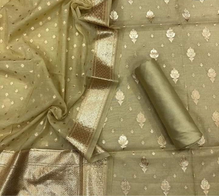 Olive Pure Mercerise Floral Zari Booti with Lorex weave Dupatta Suit Set 1200SKL_PML18