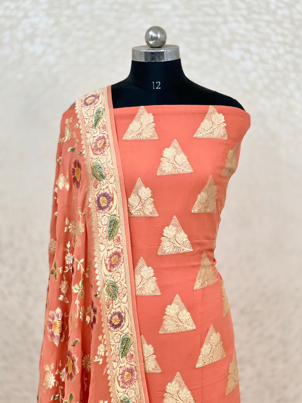 Peach Premium Khaddi Georgette Floral Water Zari Boota with Handbrush Dupatta Banarasi Suit Set 7000SKL_KG6