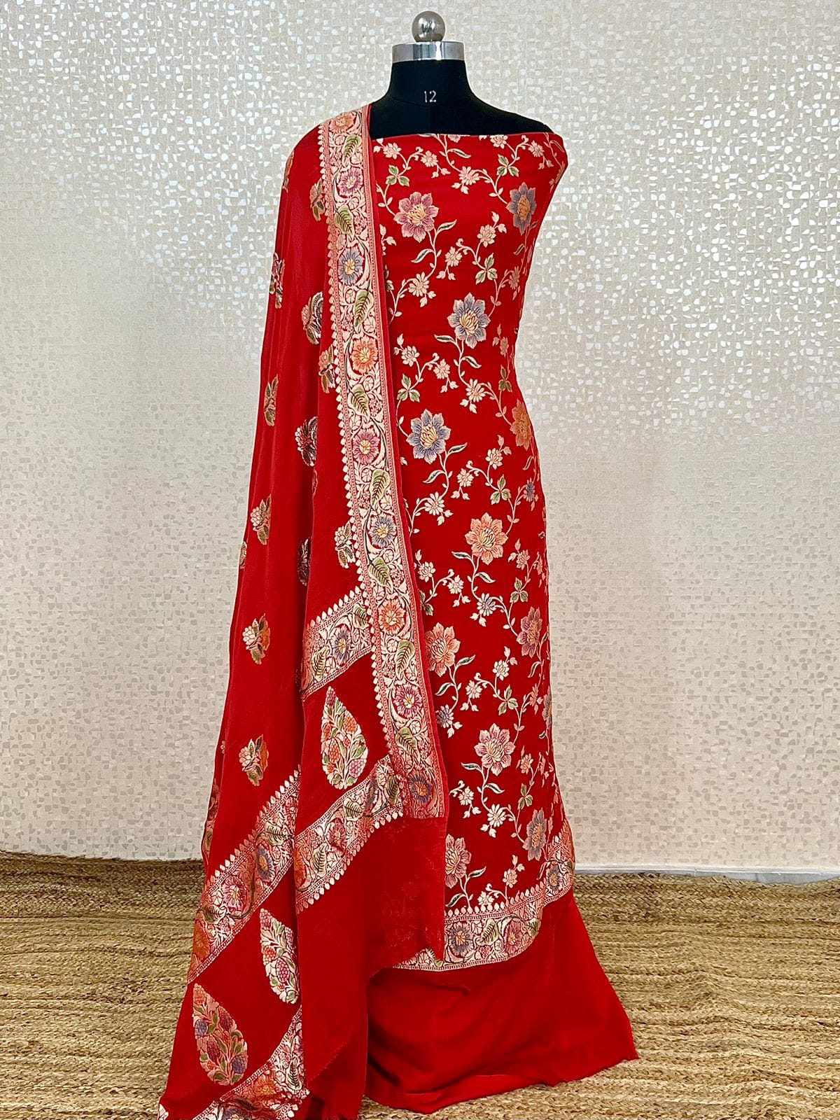 Red Premium Khaddi Georgette Handbrush Floral Zari Jaal with Handbrush Dupatta Banarasi Suit Set 7000SKL_KG8
