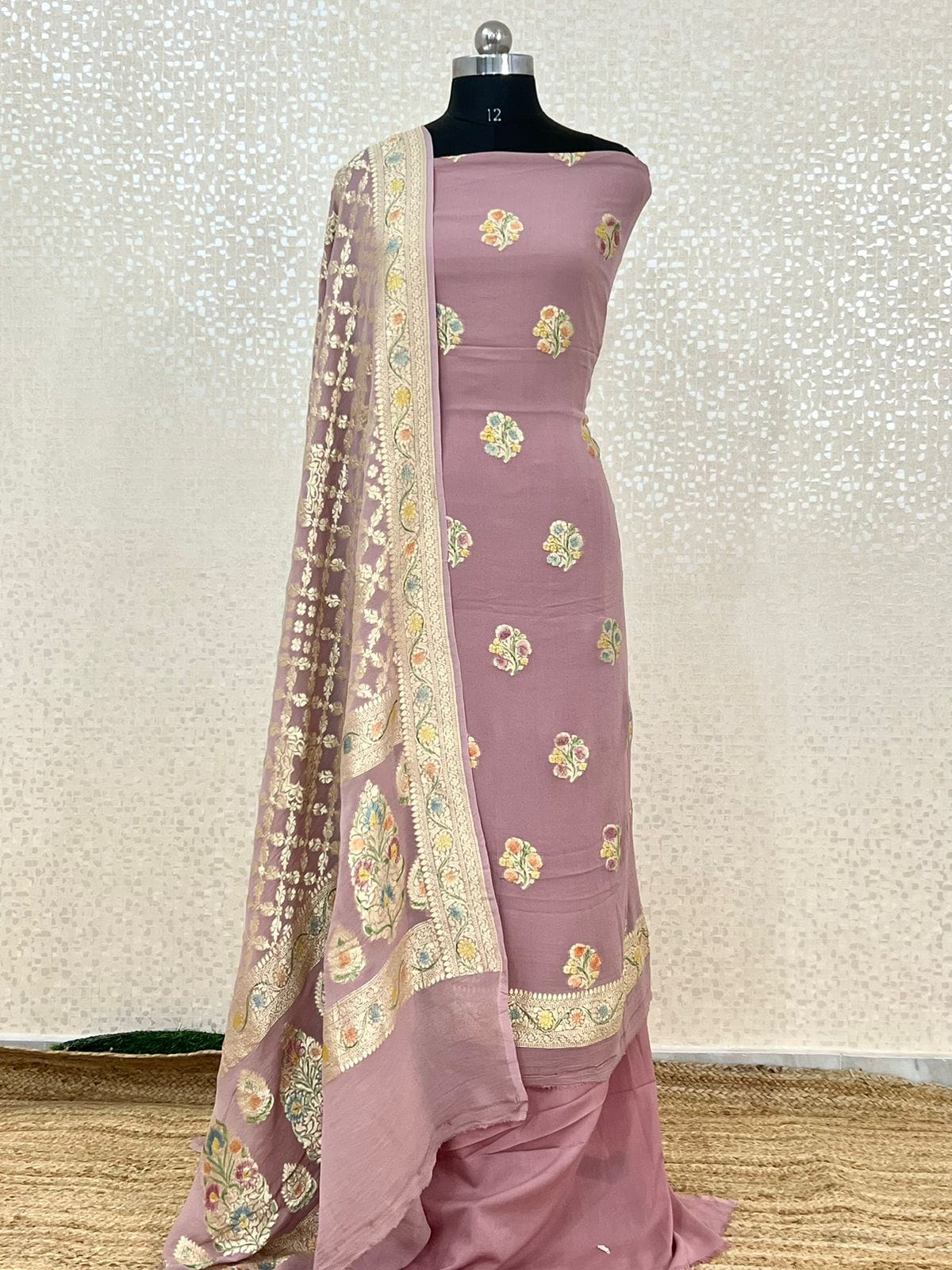 Mauve Premium Khaddi Georgette Handbrush Floral Zari Boota with Zari Stripe Dupatta Banarasi Suit Set 7000SKL_KG10