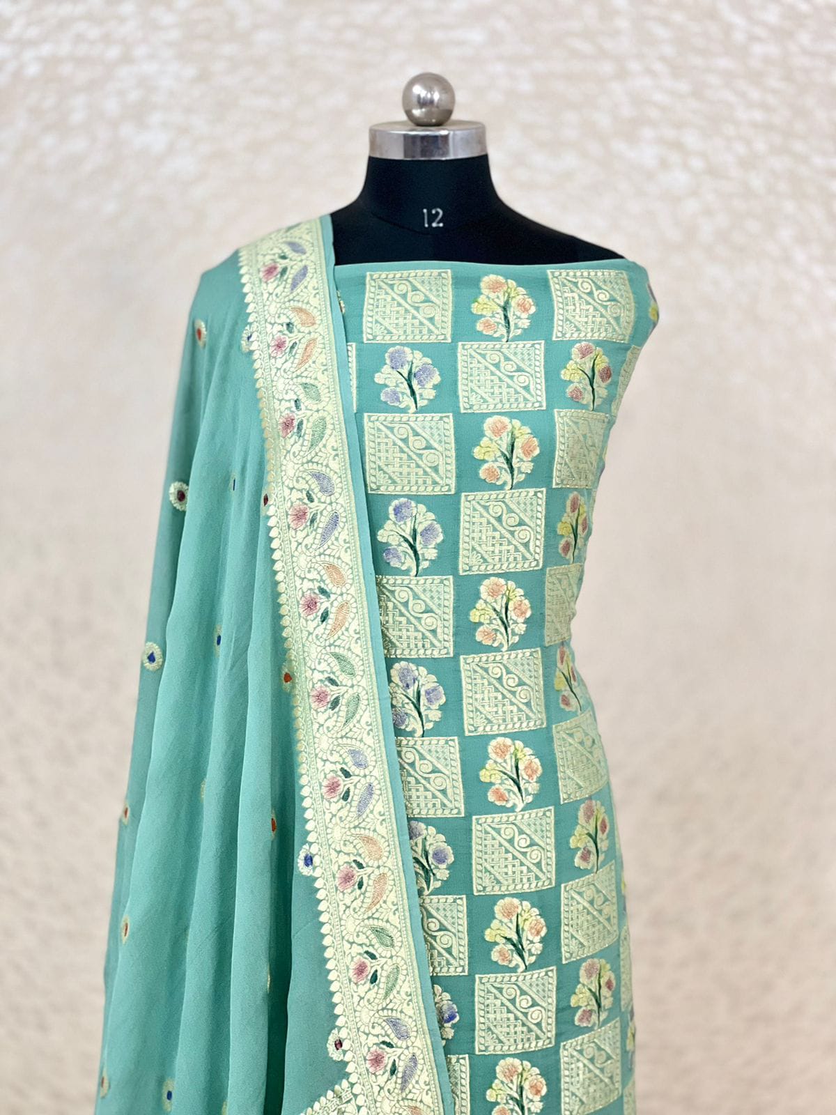 Seagreen Premium Khaddi Georgette Handbrush Floral Zari Boota with Handbrush Booti Dupatta Banarasi Suit Set 7000SKL_KG12