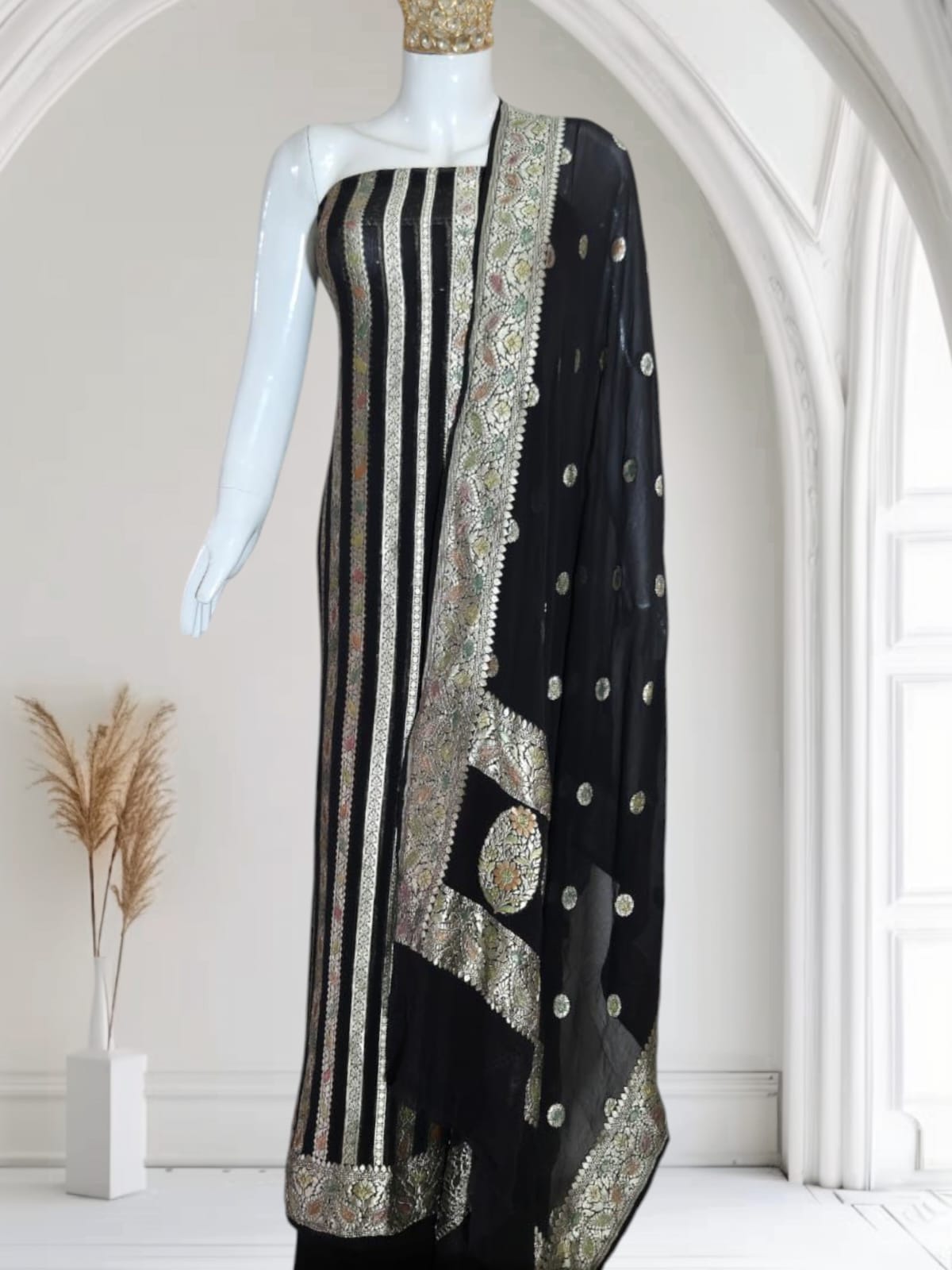 Black Premium Khaddi Georgette Water Zari Stripe Banarasi Suit Set 6500SKL_KG14