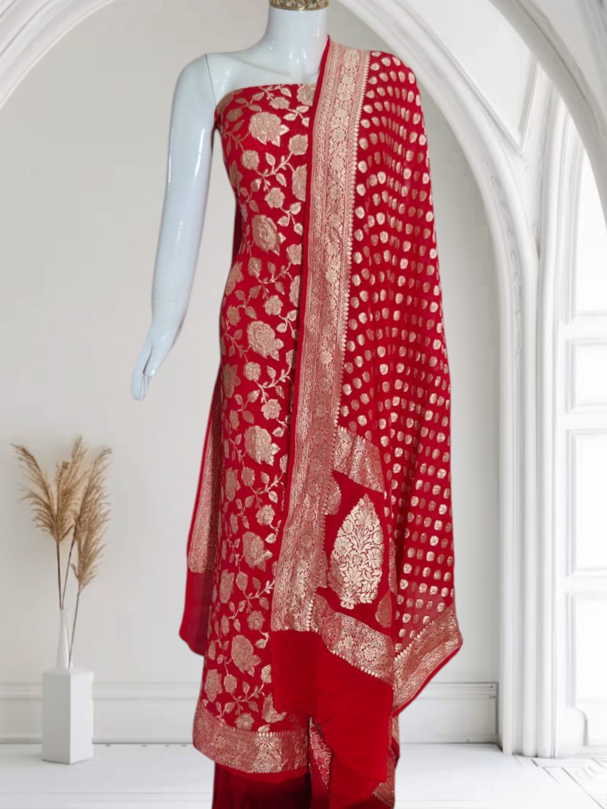 Red Premium Khaddi Georgette Floral Zari Jaal with Chunri Zari Booti Banarasi Suit Set 6500SKL_KG17
