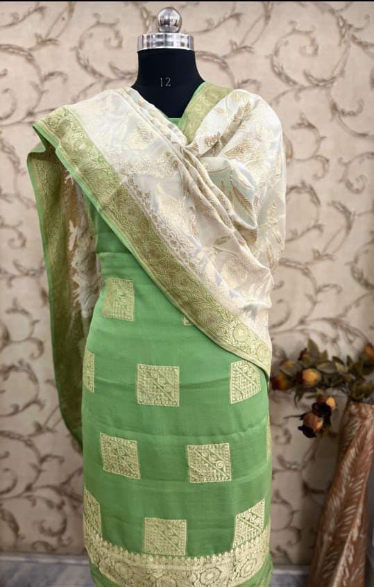 Green Premium Khaddi Georgette Floral Zari Geometrical Boota with Contrast Off white Dupatta 6500SKL_KG18