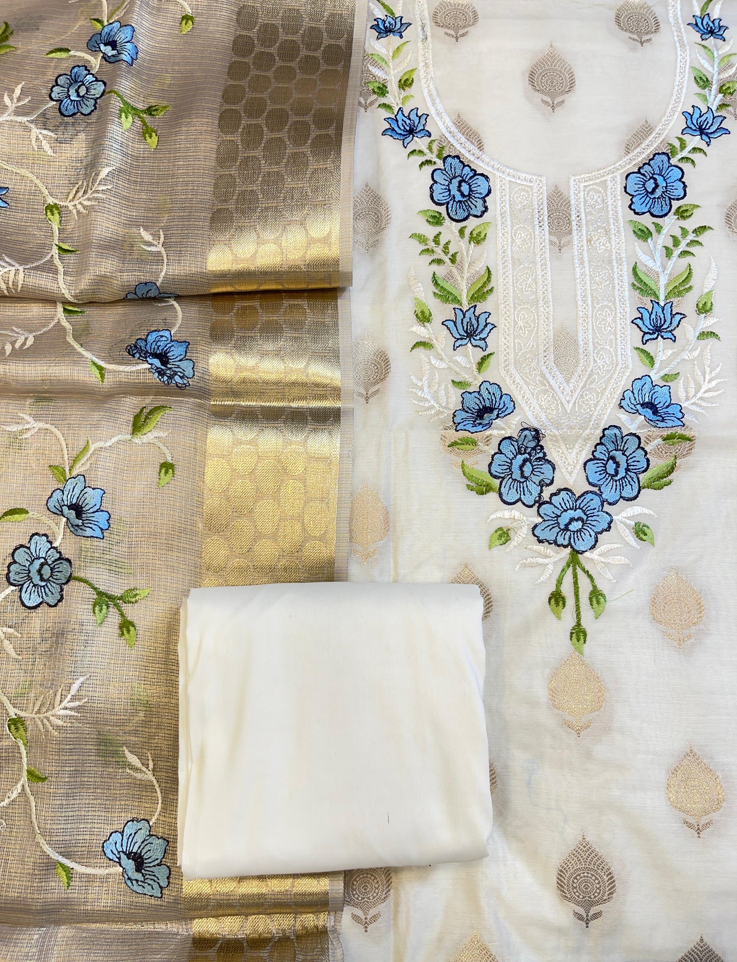 Off white Cotton Silk Dyable Embroidery Necklace with Tissue Silk Embroidered Dupatta Banarasi 3 pcs Suit Set IM_NC1