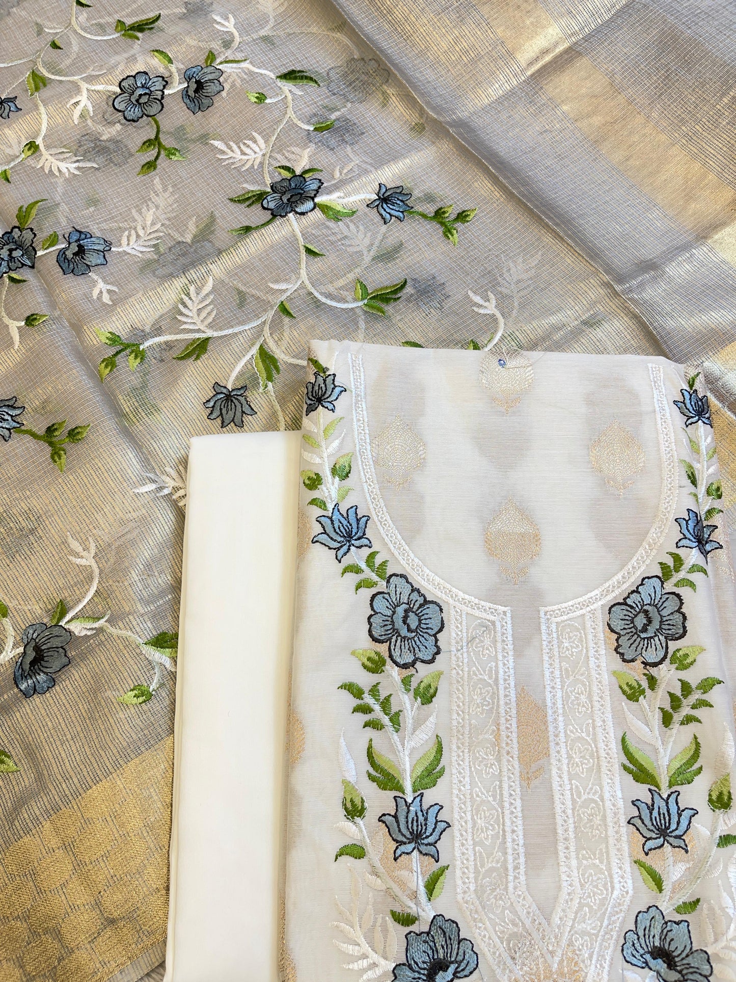 Off white Cotton Silk Dyable Embroidery Necklace with Tissue Silk Embroidered Dupatta Banarasi 3 pcs Suit Set IM_NC4