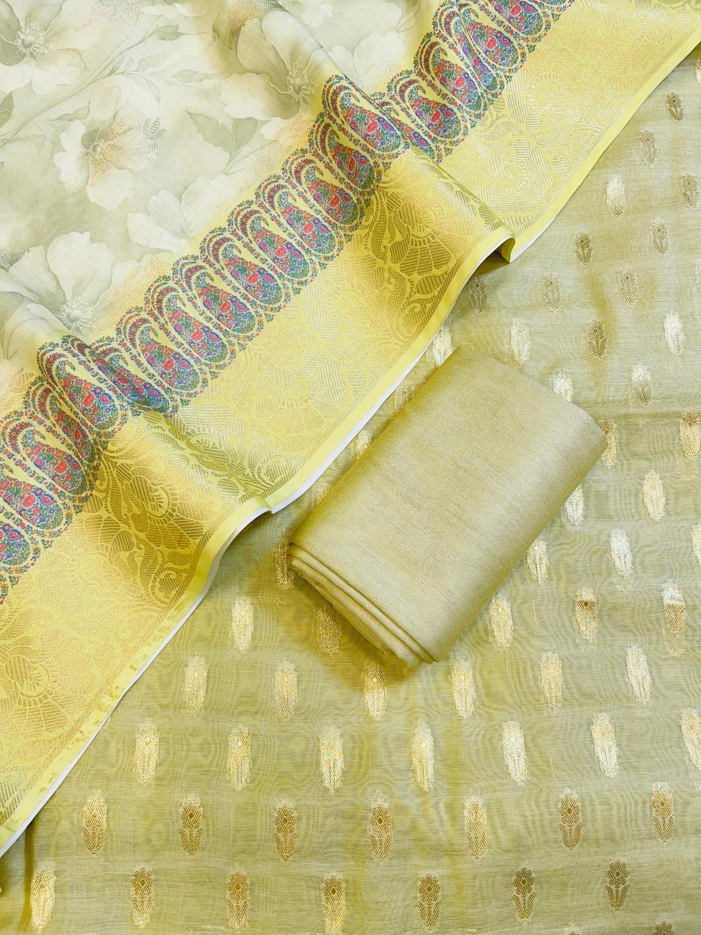 Beige Pure Mercerise Silk Chunri Zari Booti with Digital Print Dupatta Banarasi 3 pcs Suit Set 11IM_CS44