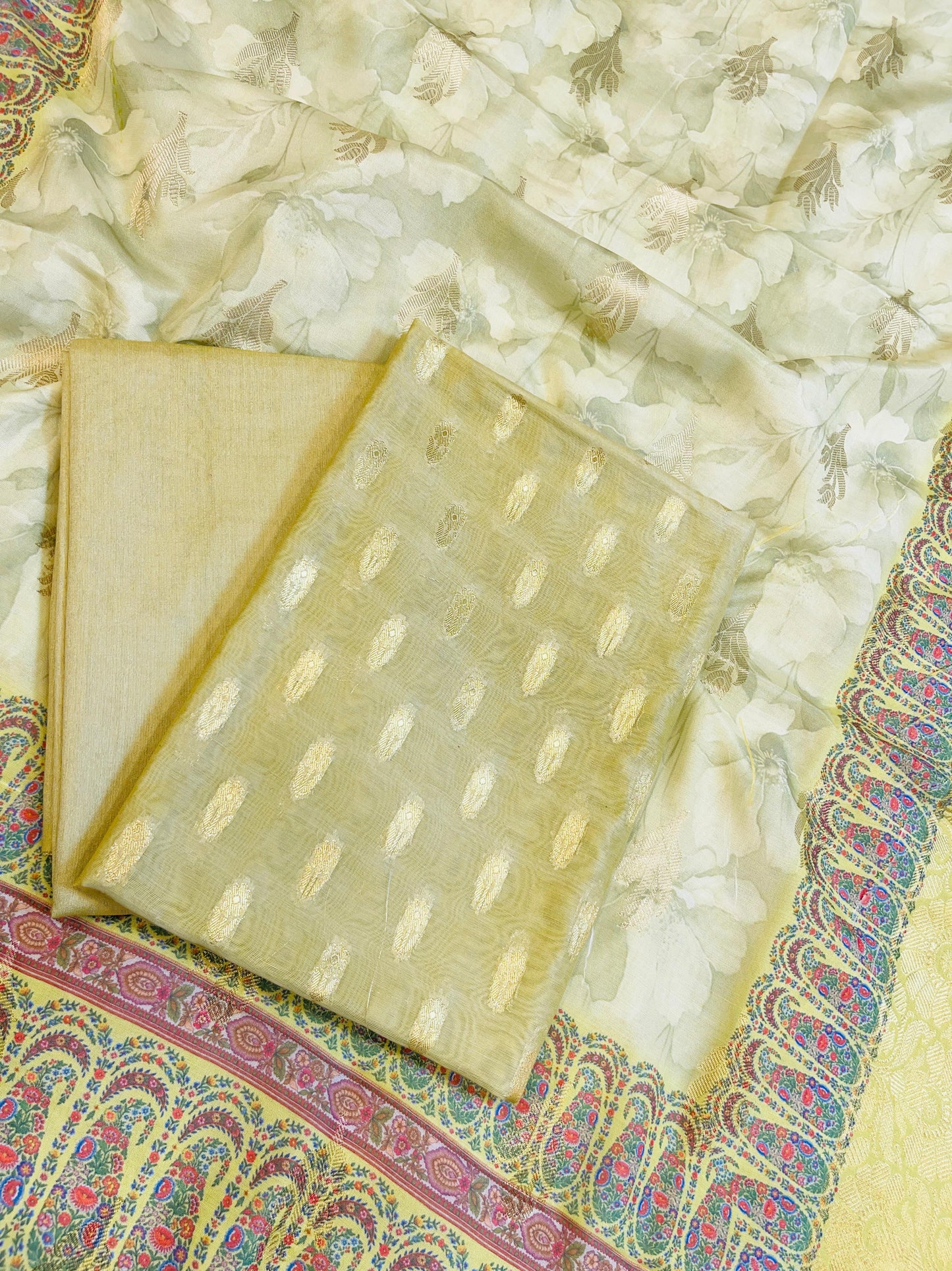 Beige Pure Mercerise Silk Chunri Zari Booti with Digital Print Dupatta Banarasi 3 pcs Suit Set 11IM_CS44