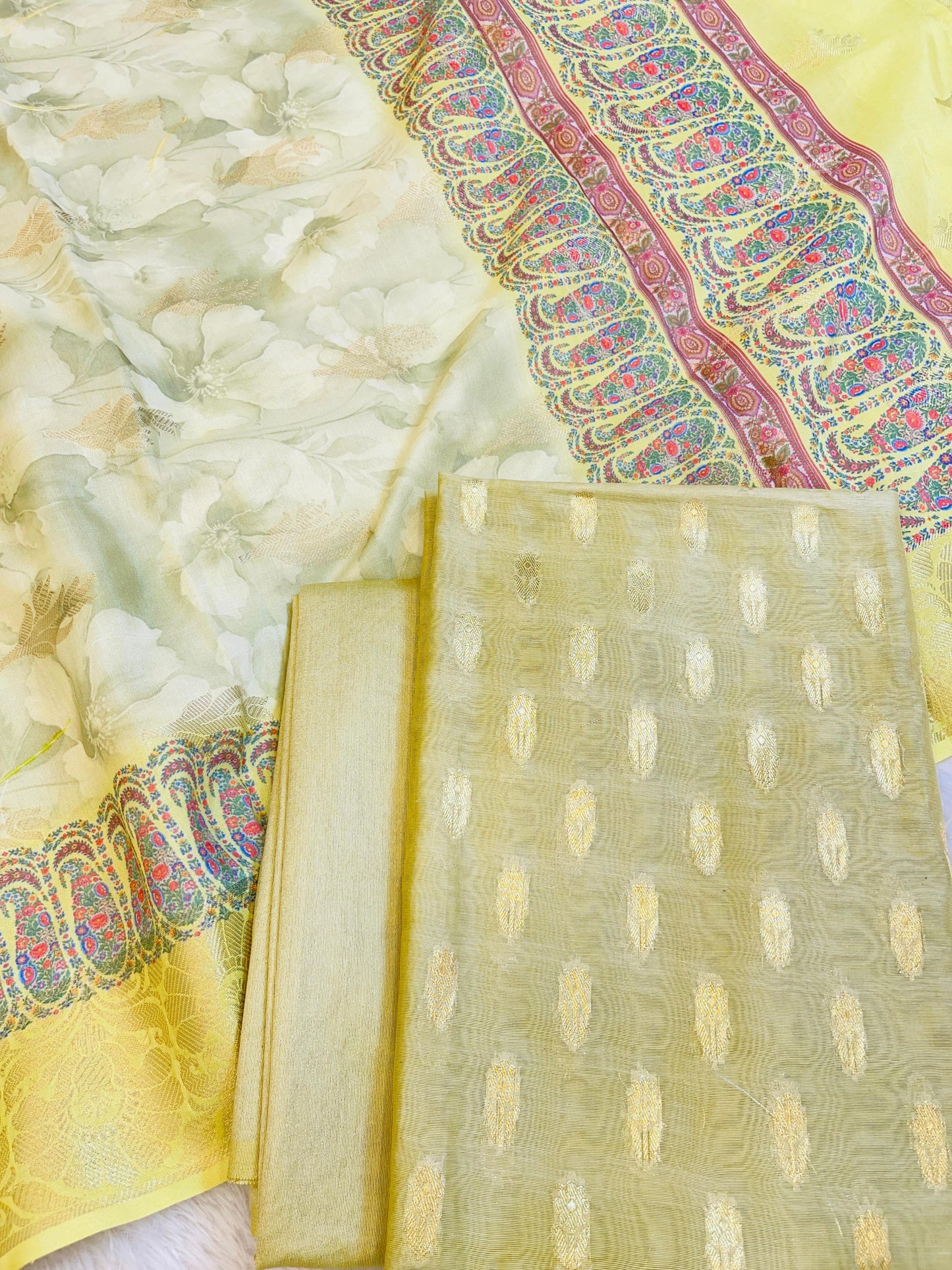 Beige Pure Mercerise Silk Chunri Zari Booti with Digital Print Dupatta Banarasi 3 pcs Suit Set 11IM_CS44