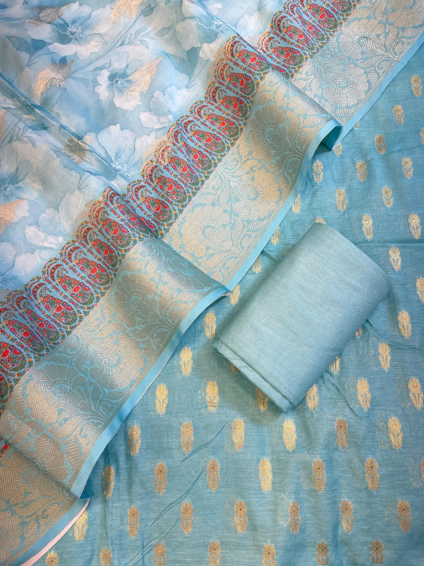 Blue Pure Mercerise Silk Chunri Zari Booti with Digital Print Dupatta Banarasi 3 pcs Suit Set 11IM_CS46