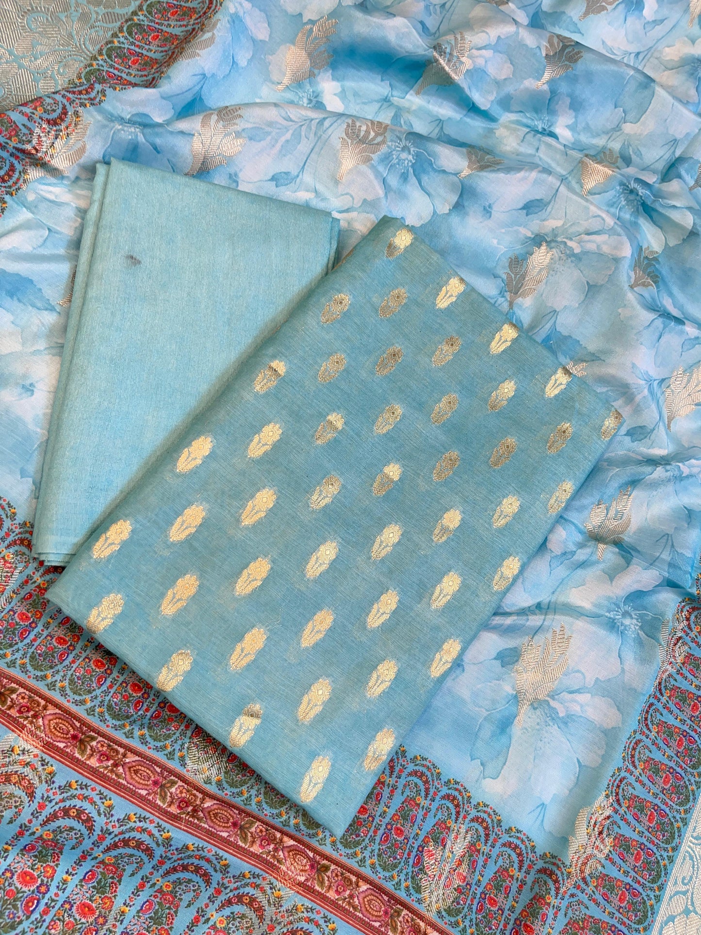 Blue Pure Mercerise Silk Chunri Zari Booti with Digital Print Dupatta Banarasi 3 pcs Suit Set 11IM_CS46