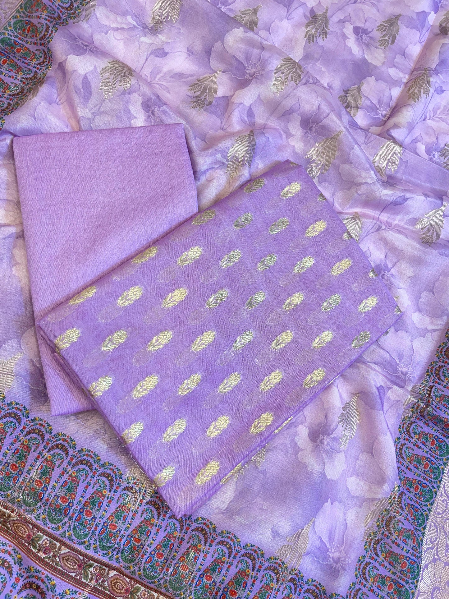 Purple Pure Mercerise Silk Chunri Zari Booti with Digital Print Dupatta Banarasi 3 pcs Suit Set 11IM_CS48