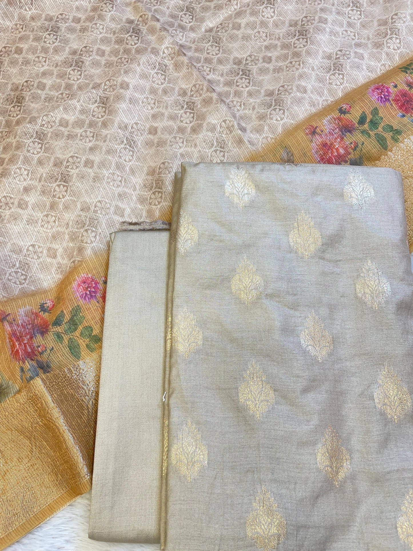 Beige Cotton Silk Dyable Floral Zari Booti with Digital Print Kota Check Dupatta Banarasi 3 pcs Suit Set 11IM_DCS9