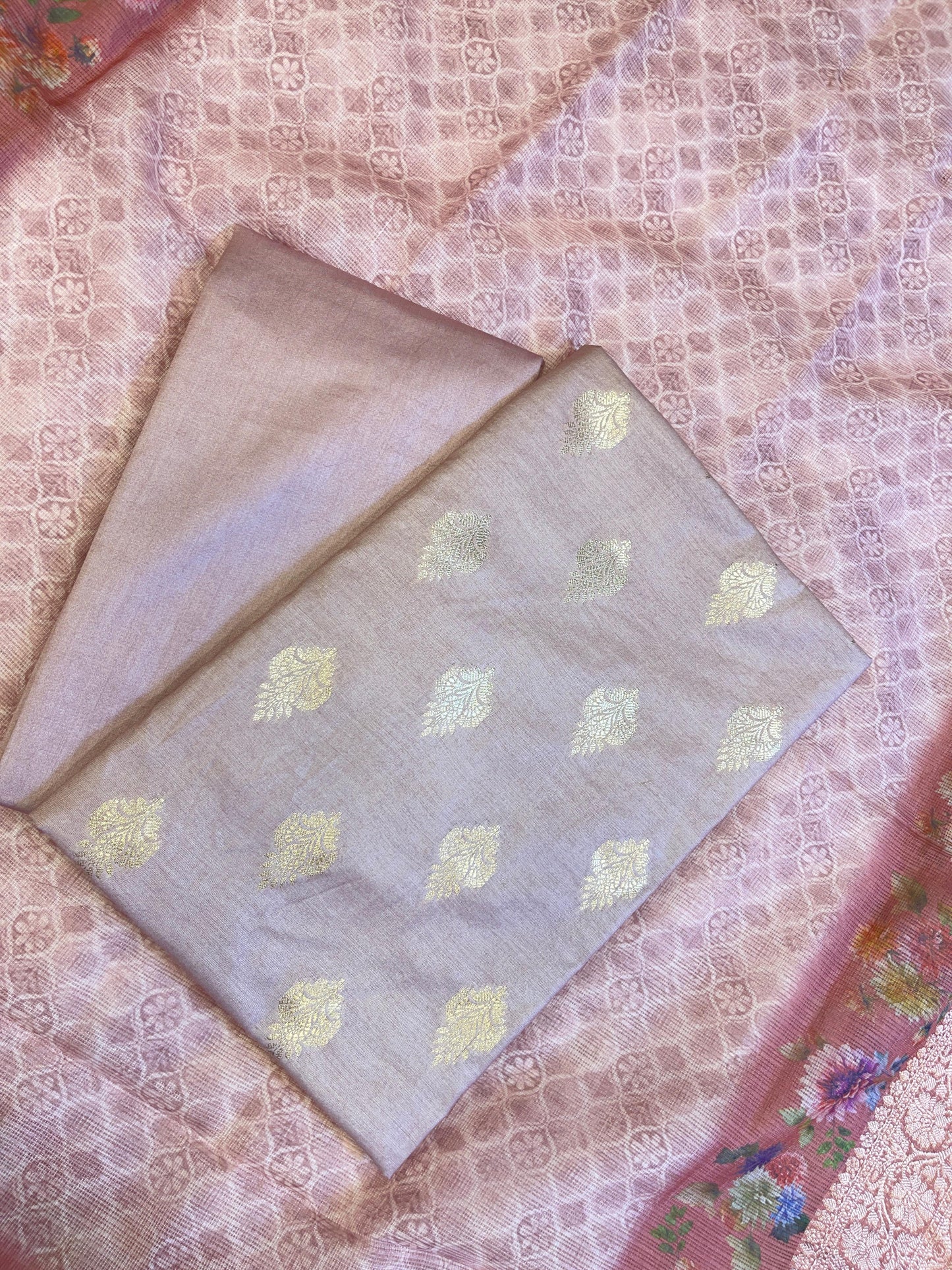 Mauve Cotton Silk Dyable Floral Zari Booti with Digital Print Kota Check Dupatta Banarasi 3 pcs Suit Set 11IM_DCS10