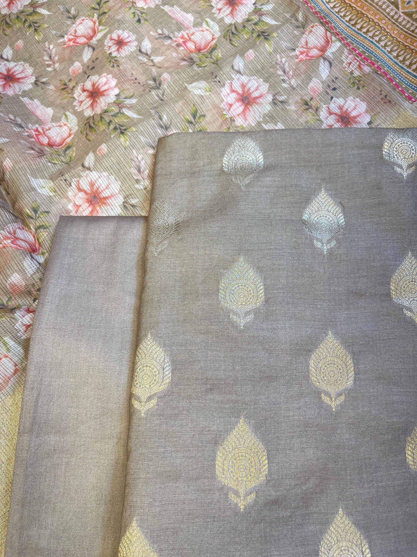 Beige Cotton Silk Dyable Floral Zari Booti with Digital Print Kota Check Dupatta Banarasi 3 pcs Suit Set 11IM_DCS11