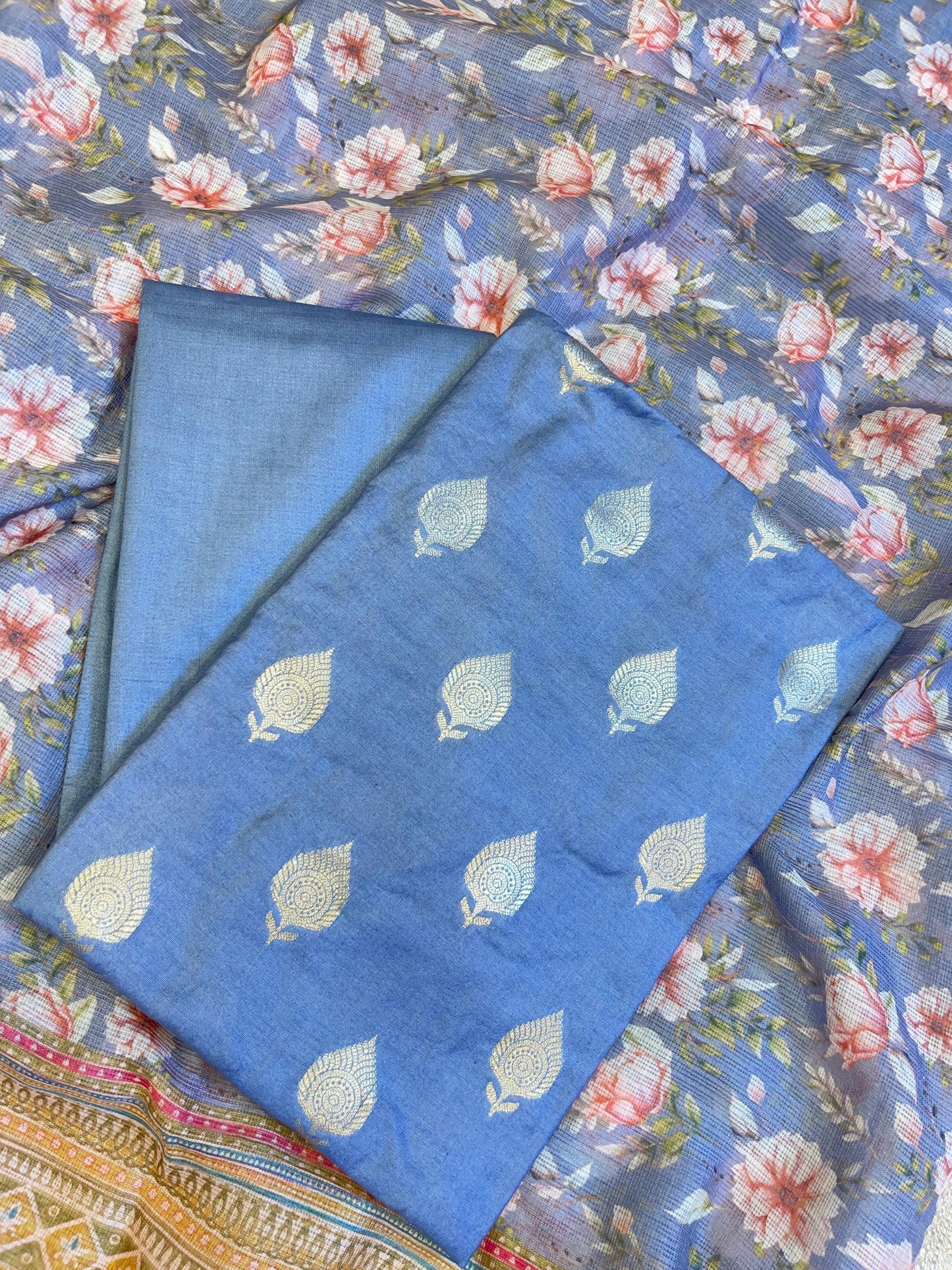 Seagreen Cotton Silk Dyable Floral Zari Booti with Digital Print Kota Check Dupatta Banarasi 3 pcs Suit Set 11IM_DCS12
