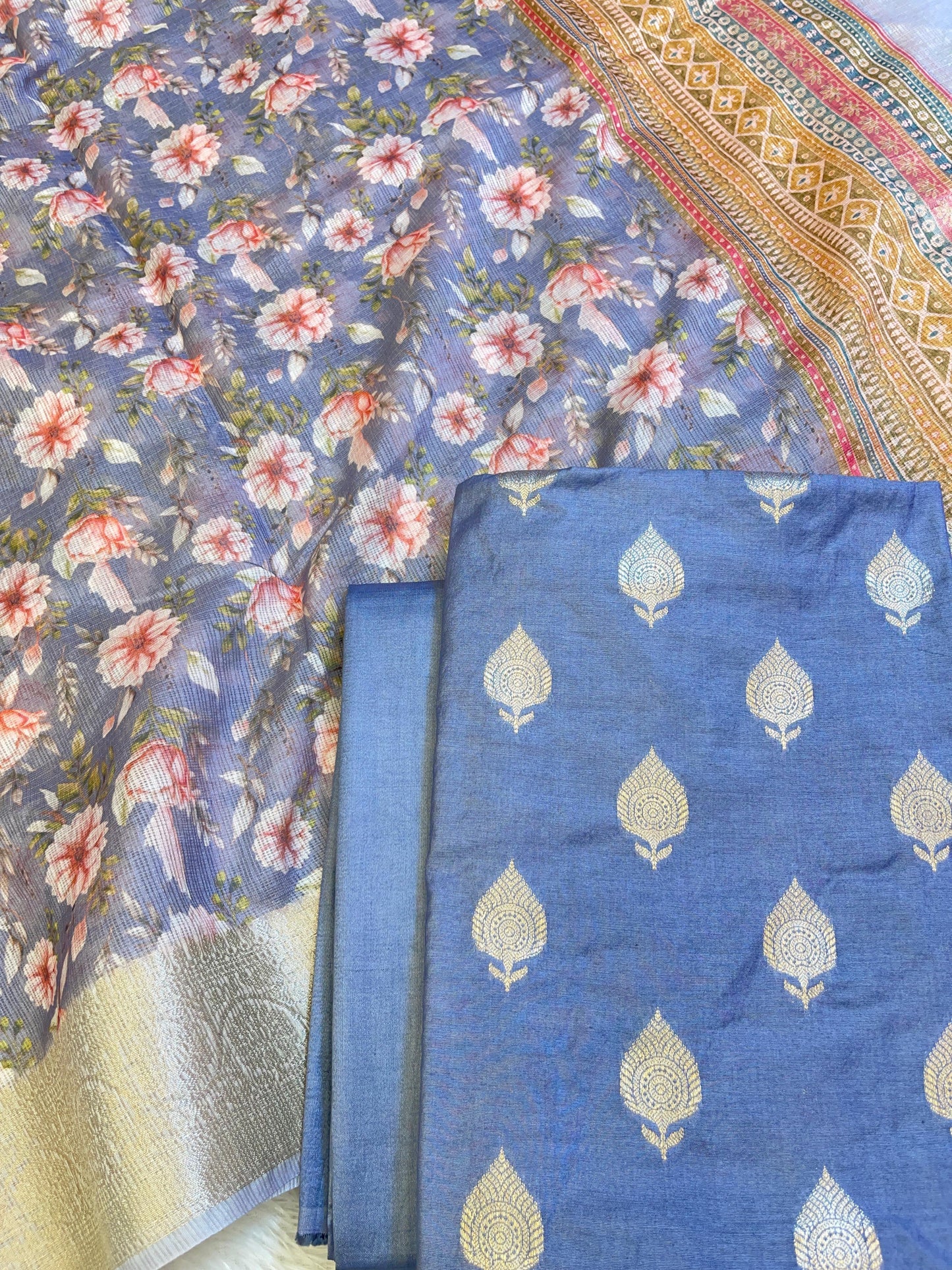 Seagreen Cotton Silk Dyable Floral Zari Booti with Digital Print Kota Check Dupatta Banarasi 3 pcs Suit Set 11IM_DCS12