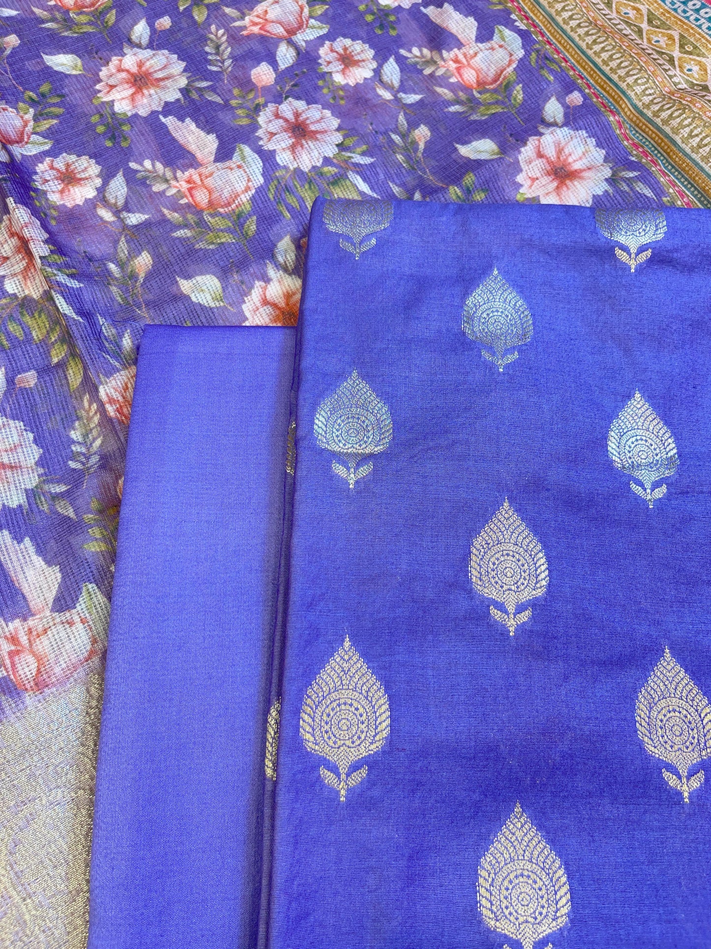 Violet Blue Cotton Silk Dyable Floral Zari Booti with Digital Print Kota Check Dupatta Banarasi 3 pcs Suit Set 11IM_DCS13