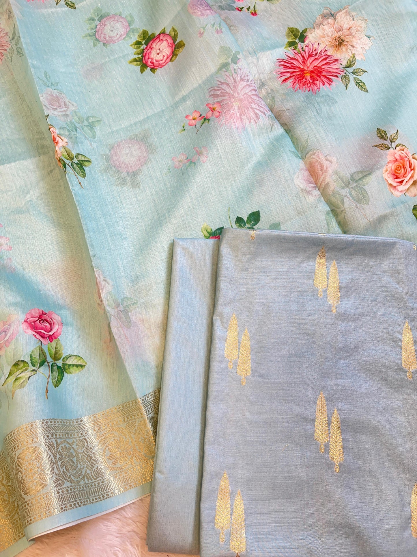 Light Blue Pure Mercerise Silk Floral Zari Dual Booti with Digital Print Dupatta Suit Set 1SKL_MP9