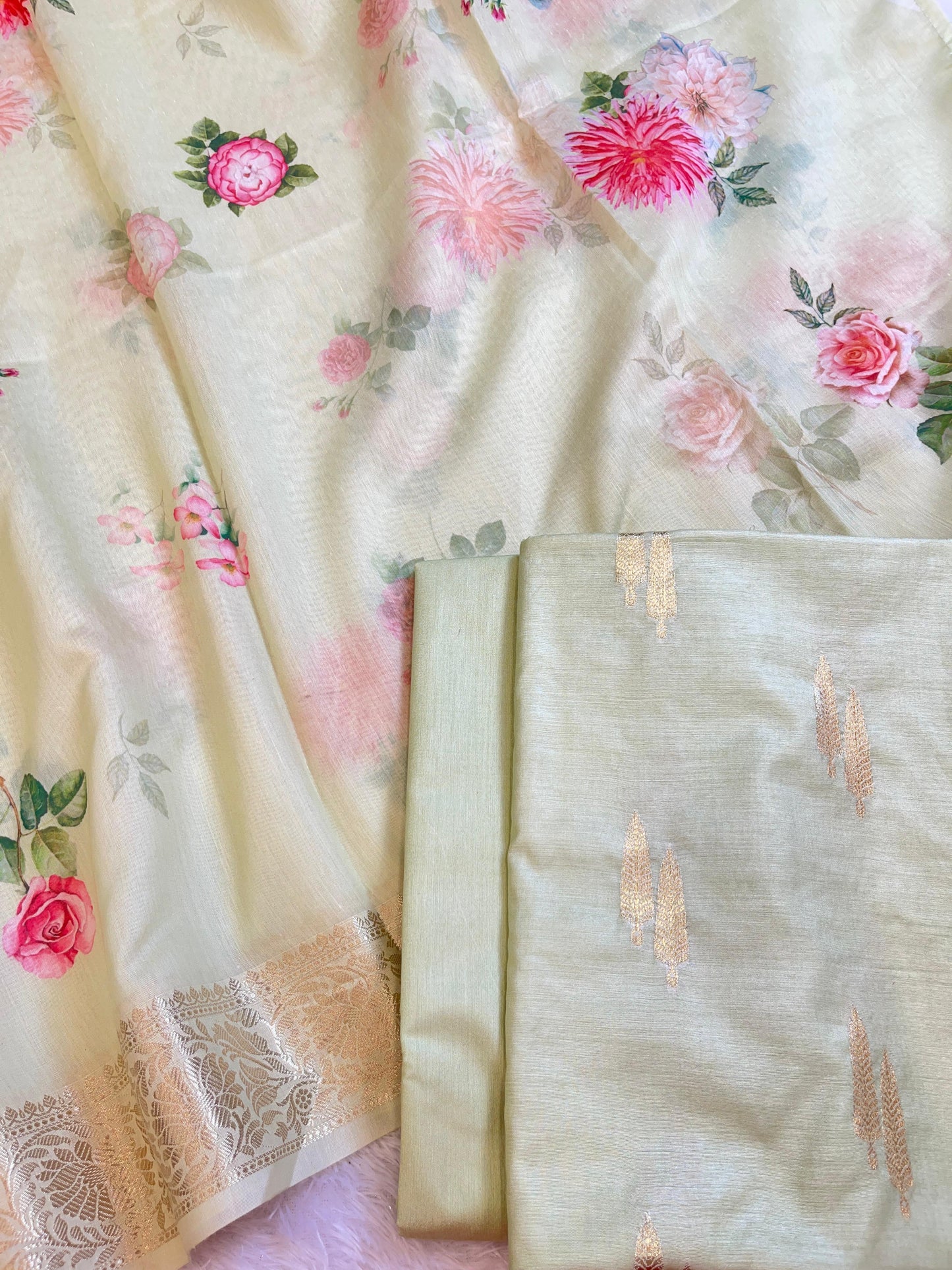 Tussar Pure Mercerise Silk Floral Zari Dual Booti with Digital Print Dupatta Suit Set 1SKL_MP7