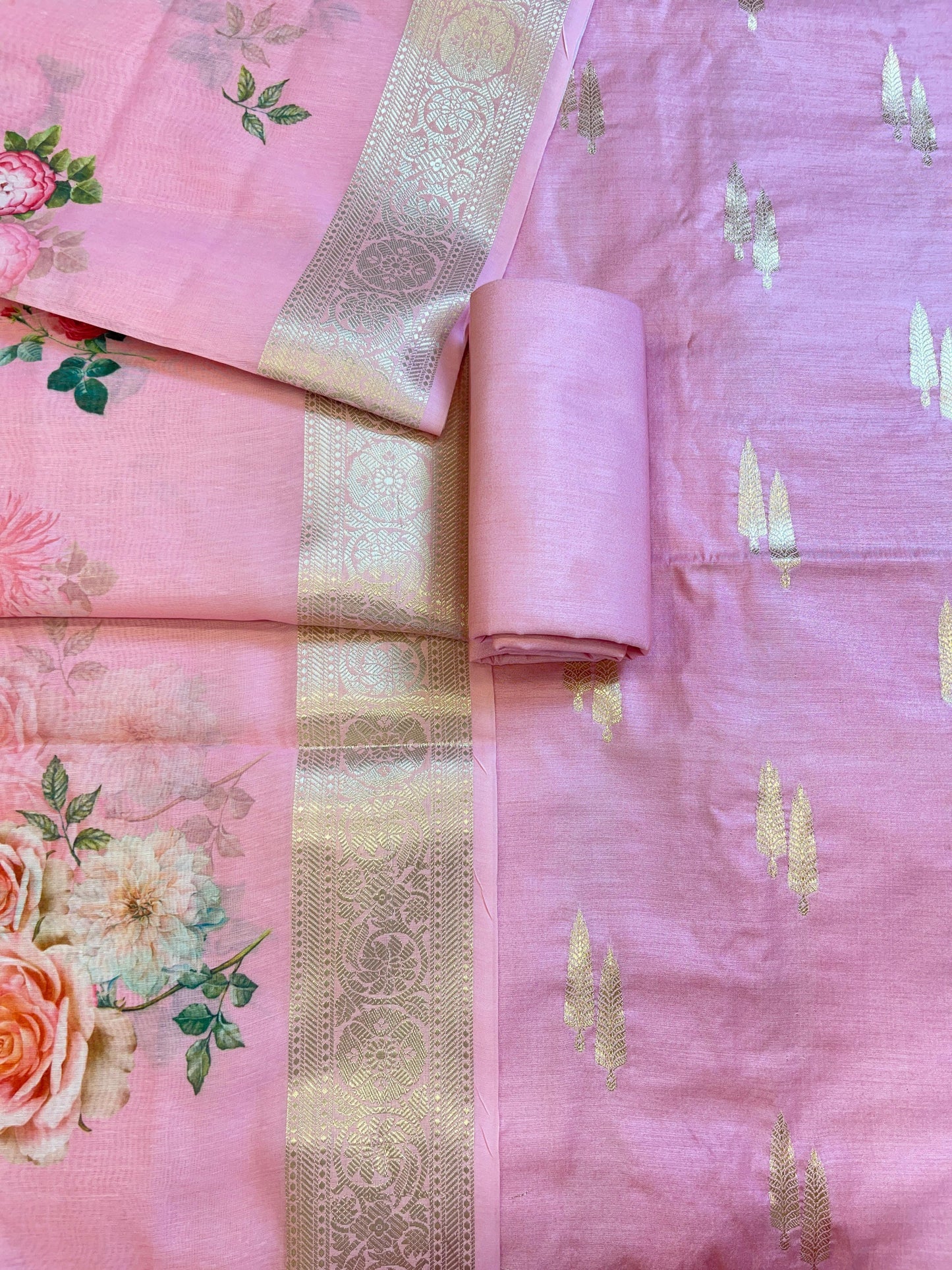 Pink Pure Mercerise Silk Floral Zari Dual Booti with Digital Print Dupatta Suit Set 1SKL_MP8