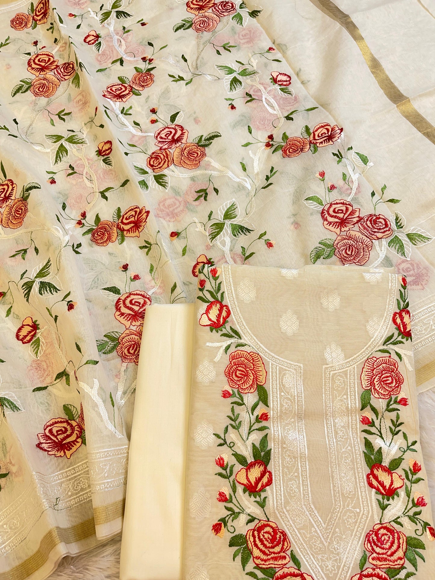Off white Pure Mercerise Embroidery Necklace Banarasi 3 pcs Suit Set 12SKL_MN1