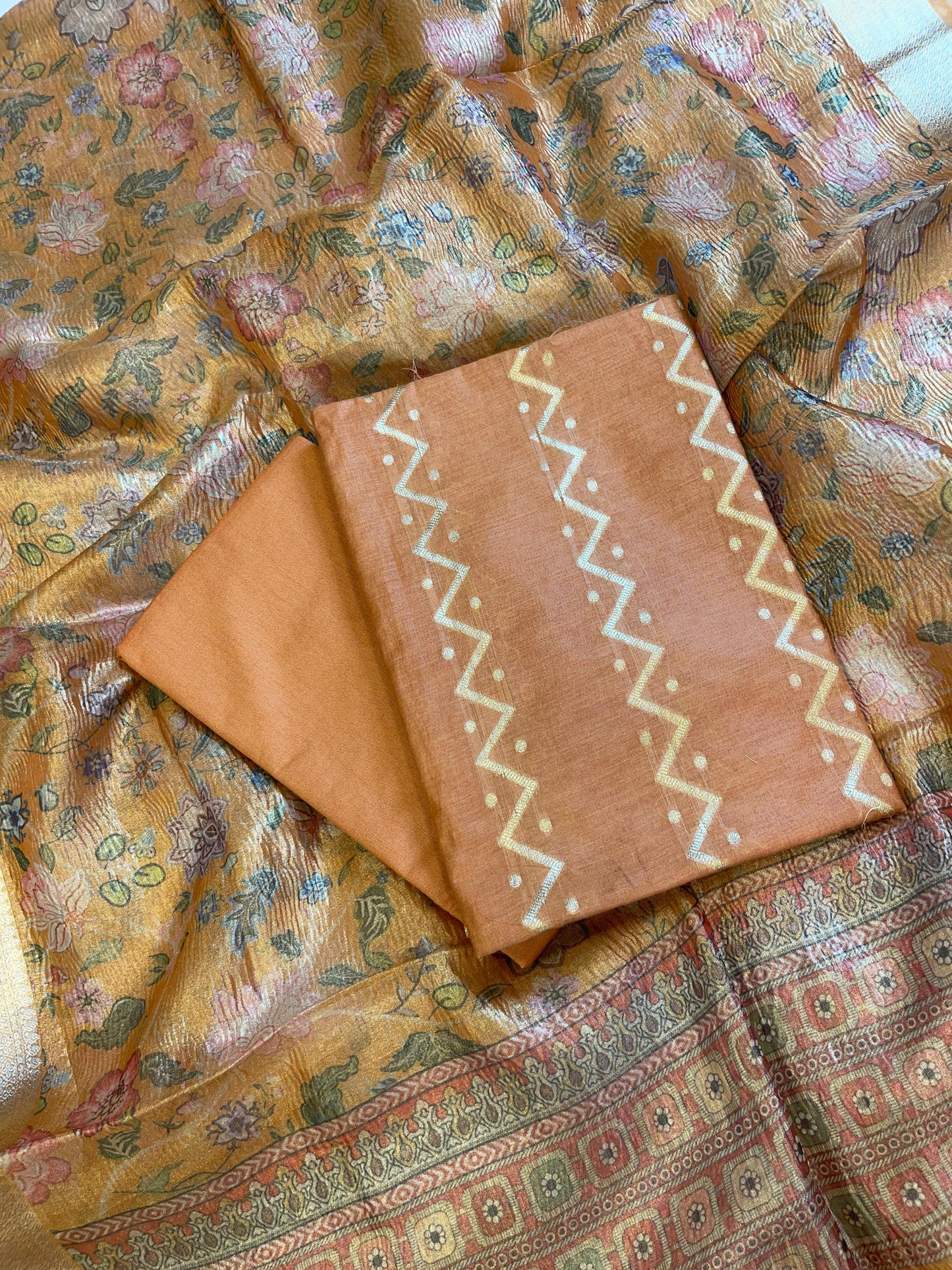 Light Orange Pure Mercerise Cotton Zig-Zag Zari with Crush Tissue Print Dupatta Suit Set 11SKL_MC1