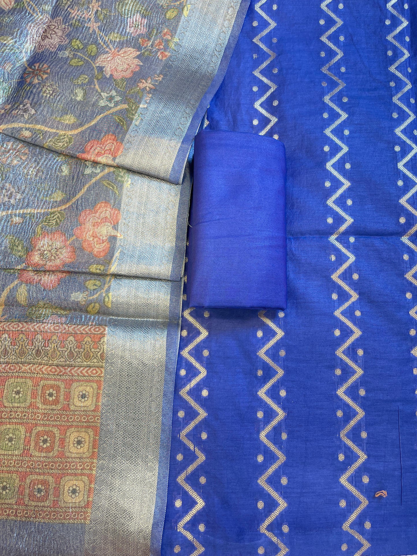 Violet Blue Pure Mercerise Cotton Zig-Zag Zari with Crush Tissue Print Dupatta Suit Set 11SKL_MC2