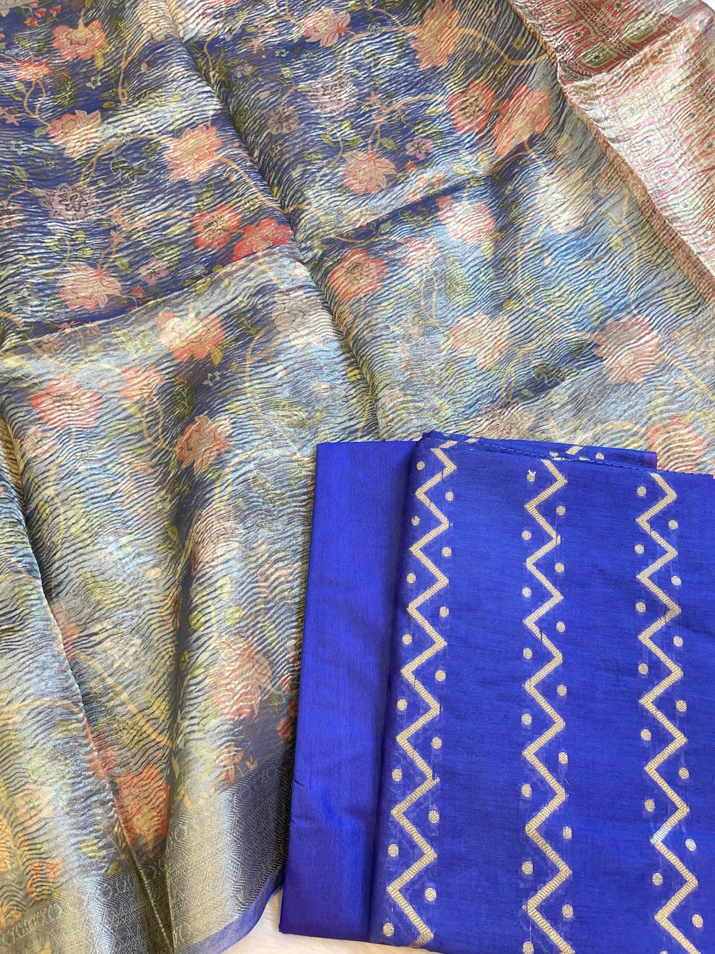 Violet Blue Pure Mercerise Cotton Zig-Zag Zari with Crush Tissue Print Dupatta Suit Set 11SKL_MC2
