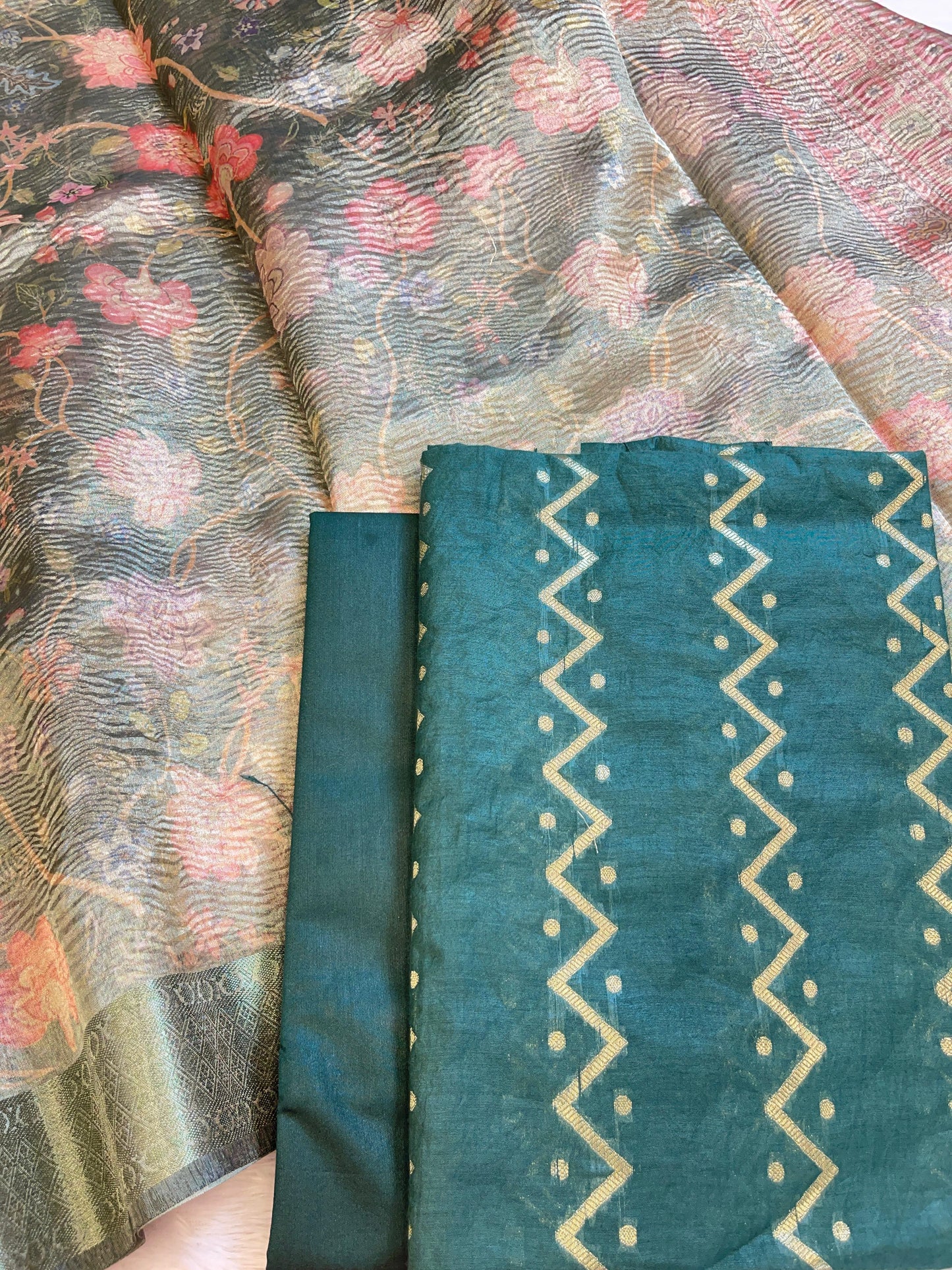 Dark Green Pure Mercerise Cotton Zig-Zag Zari with Crush Tissue Print Dupatta Suit Set 11SKL_MC4