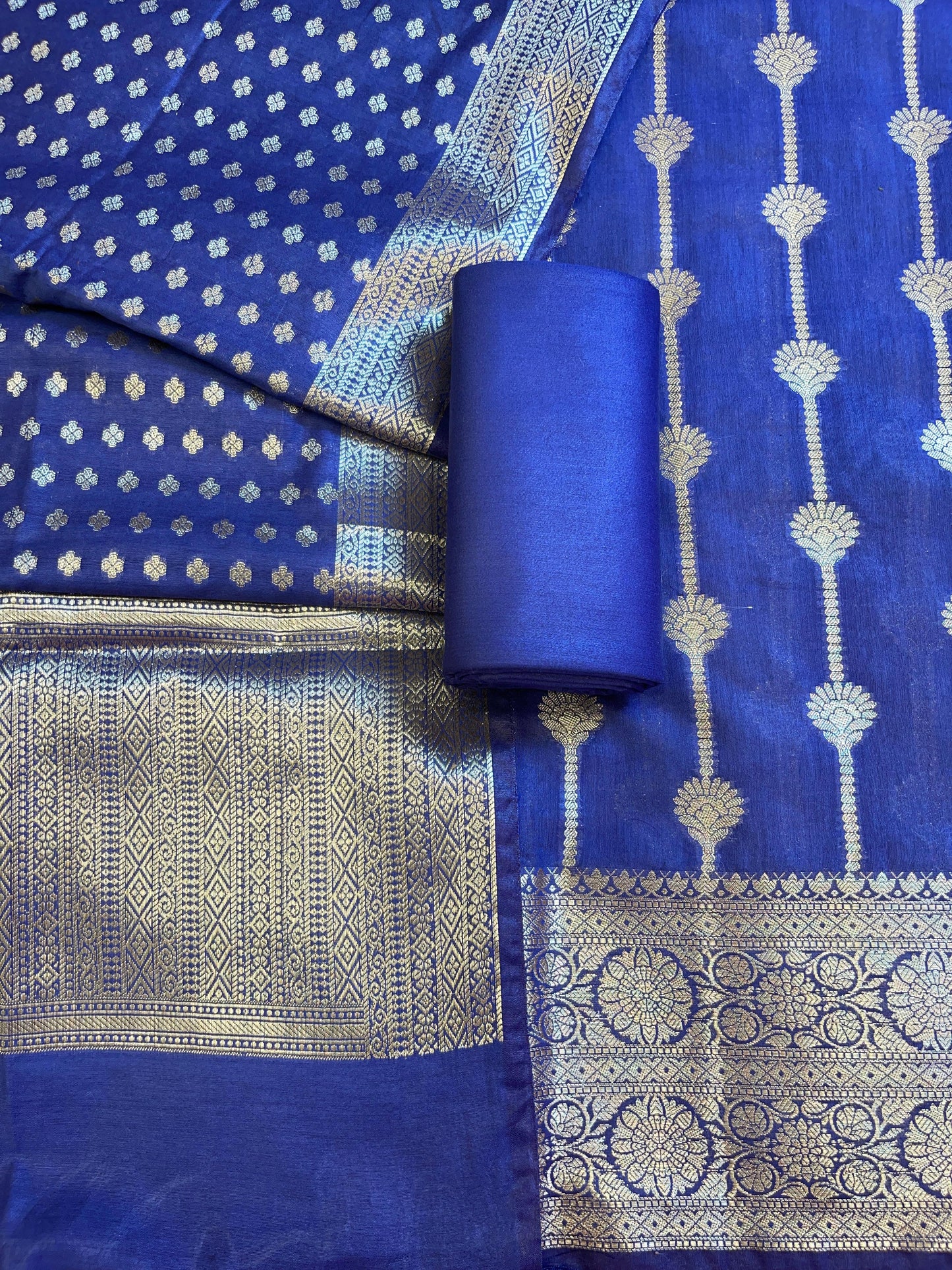 Navy Blue Mercerise Cotton Floral Stripe Zari with Chunri Booti Dupatta Banarasi Suit Set 1SKL_MC6