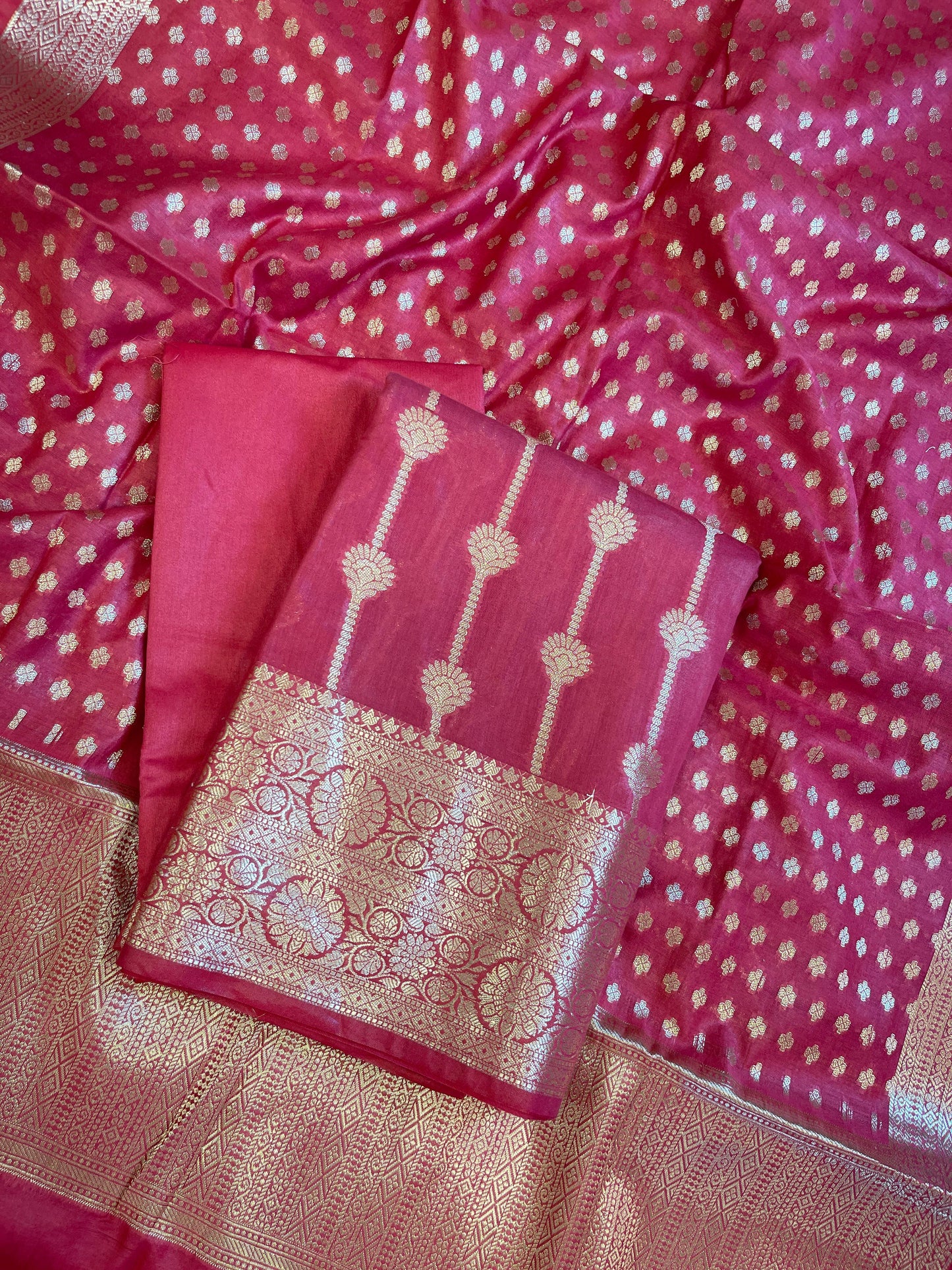 Dark Pink Mercerise Cotton Floral Stripe Zari with Chunri Booti Dupatta Banarasi Suit Set 1SKL_MC7