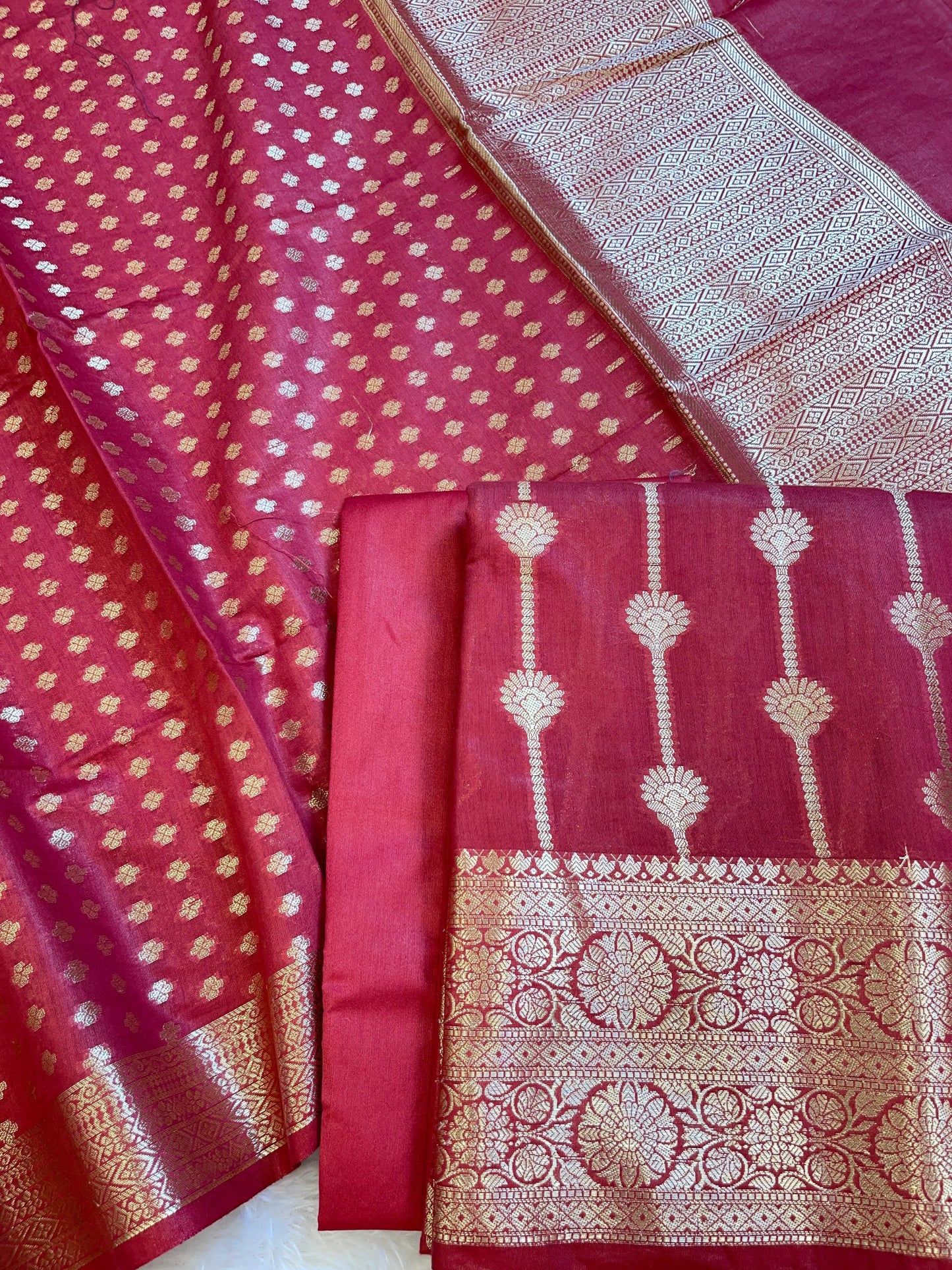 Dark Pink Mercerise Cotton Floral Stripe Zari with Chunri Booti Dupatta Banarasi Suit Set 1SKL_MC7
