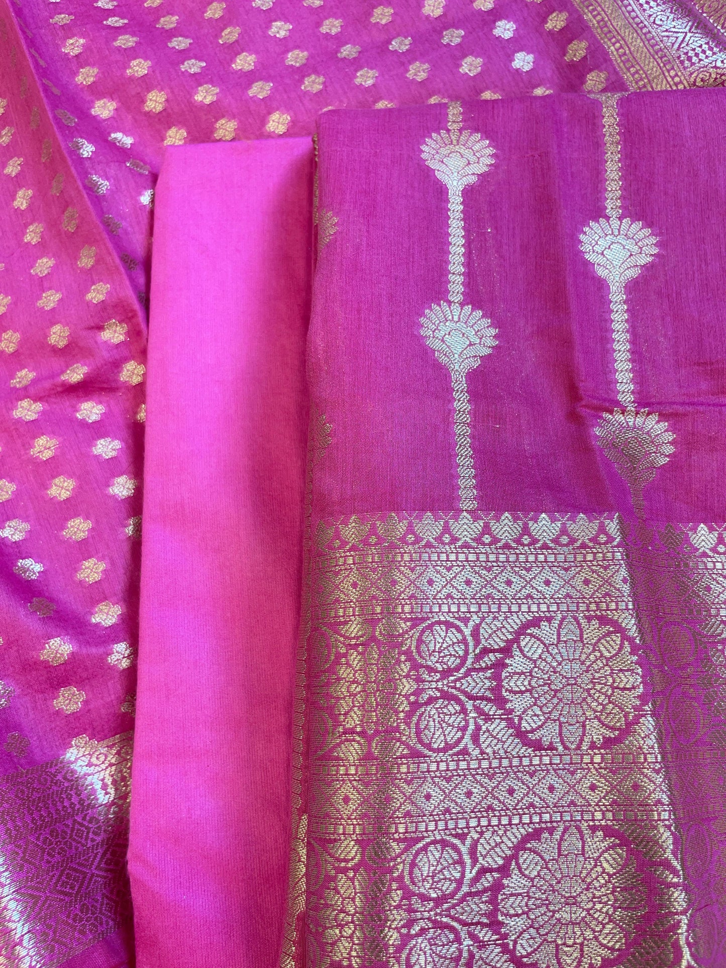Magenta Mercerise Cotton Floral Stripe Zari with Chunri Booti Dupatta Banarasi Suit Set 1SKL_MC9