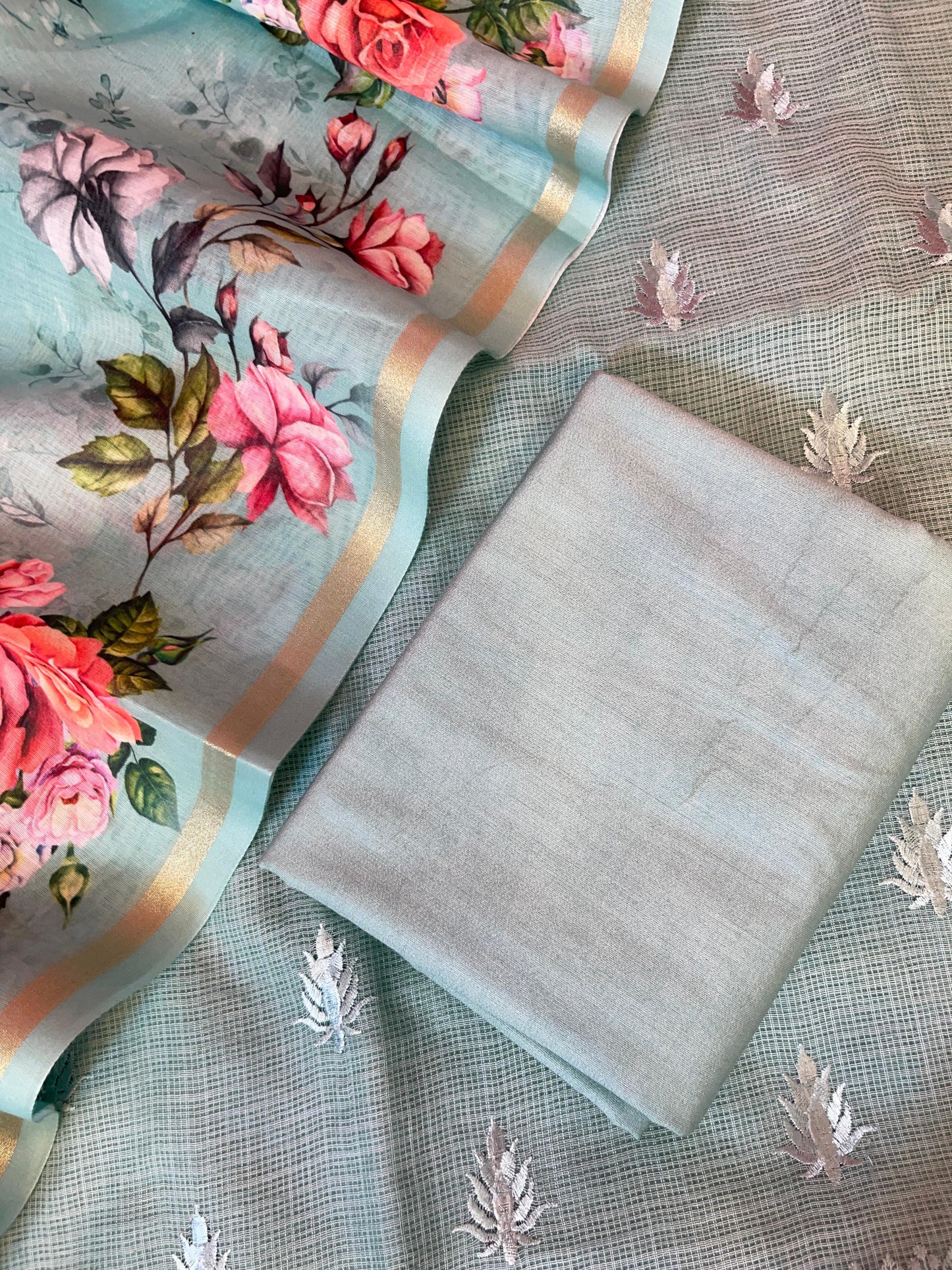 Seagreen Kota Check Resham Embroidery with Digital Print Dupatta Banarasi Suit Set 1SKL_KC11