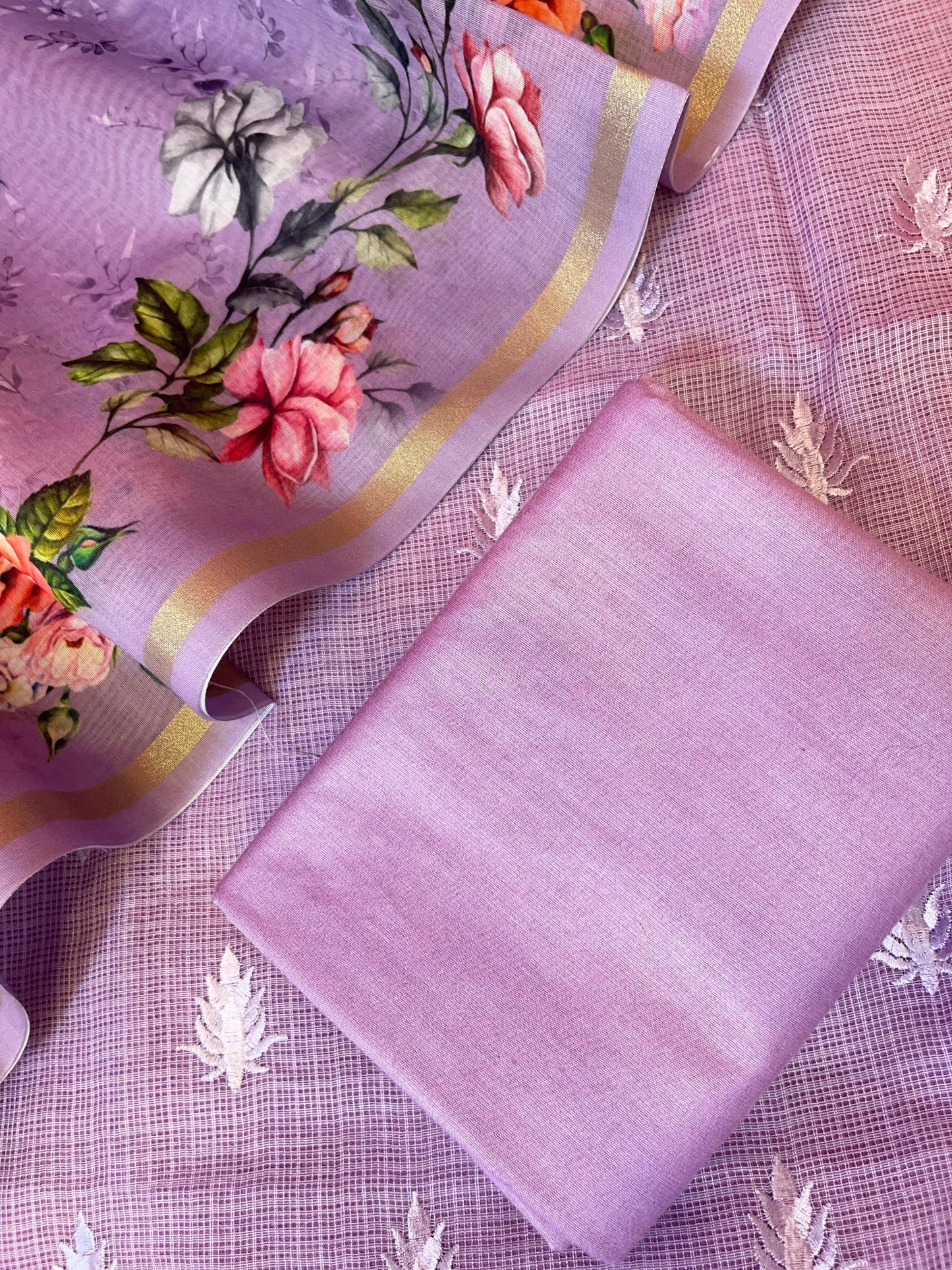 Purple Kota Check Resham Embroidery with Digital Print Dupatta Banarasi Suit Set 1SKL_KC12
