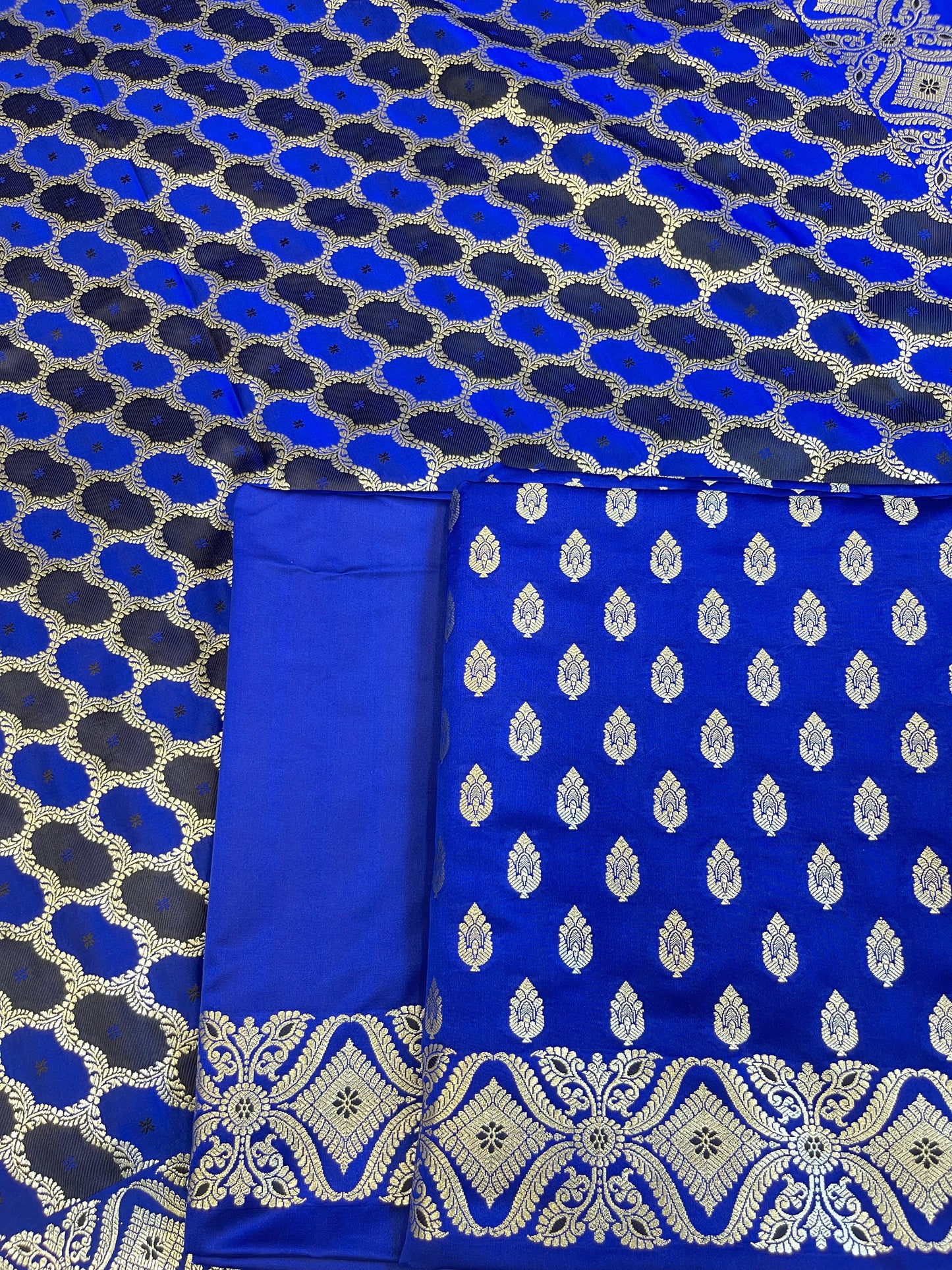 Pure Handloom Blue Mashru Silk Floral Zari Booti with Rangkaat Dupatta Banarasi 3 pcs Suit Set 26AJ_MSR9