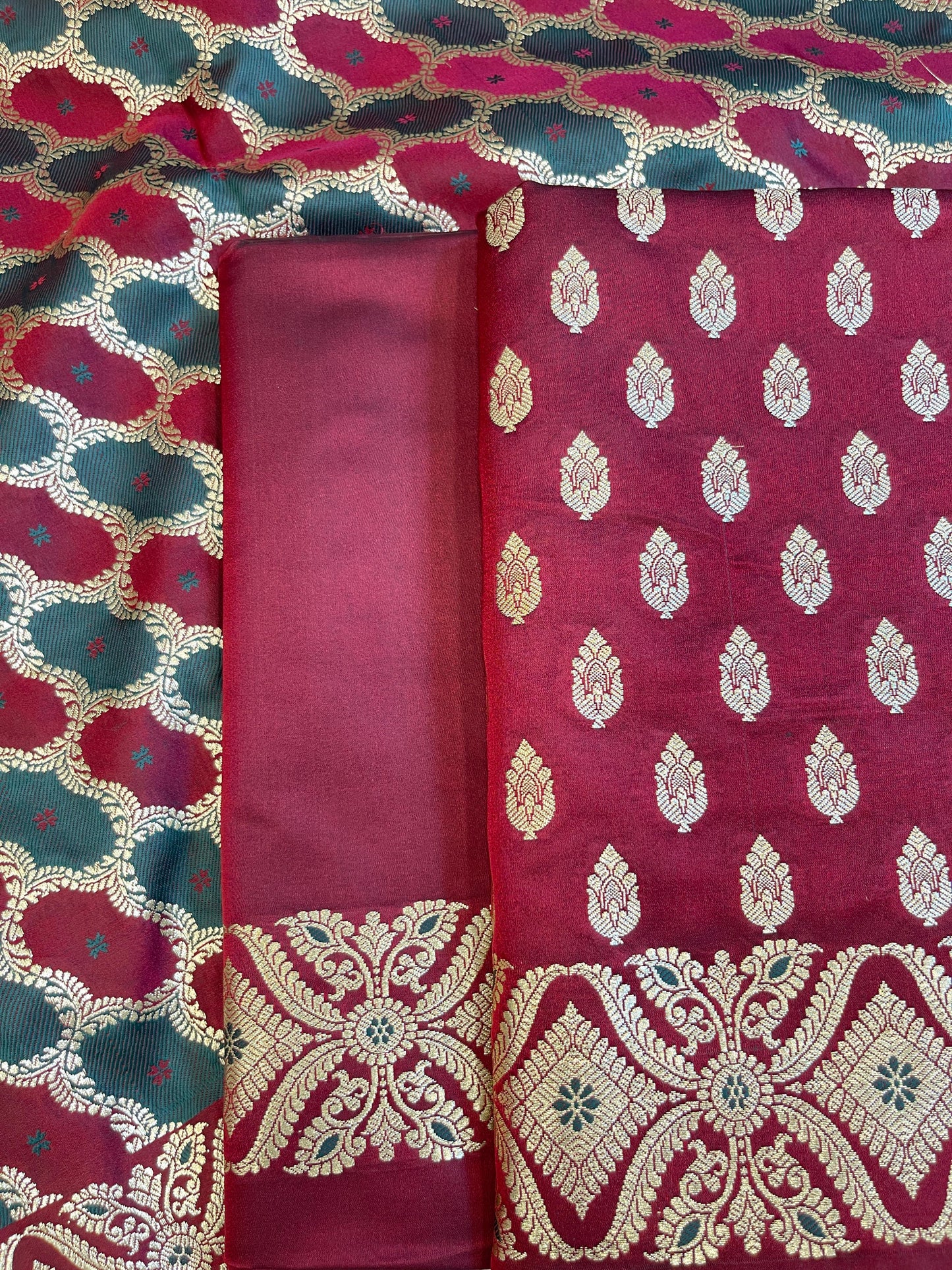 Pure Handloom Wine Mashru Silk Floral Zari Booti with Rangkaat Dupatta Banarasi 3 pcs Suit Set 26AJ_MSR10
