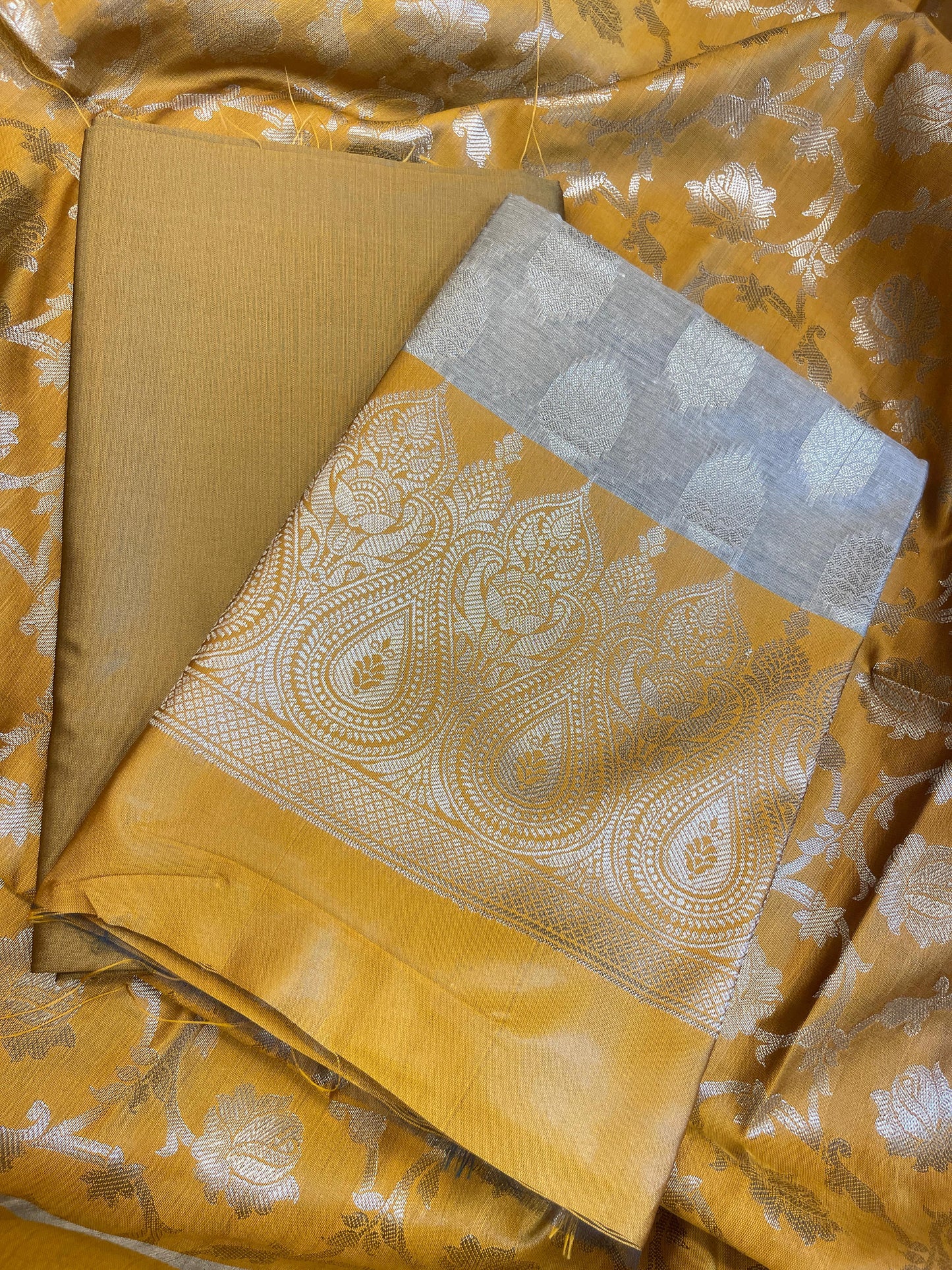 Beige Art Silk Floral Zari Booti Contrast Banarasi Suit with Mustard Dupatta 625AJ_TPT37