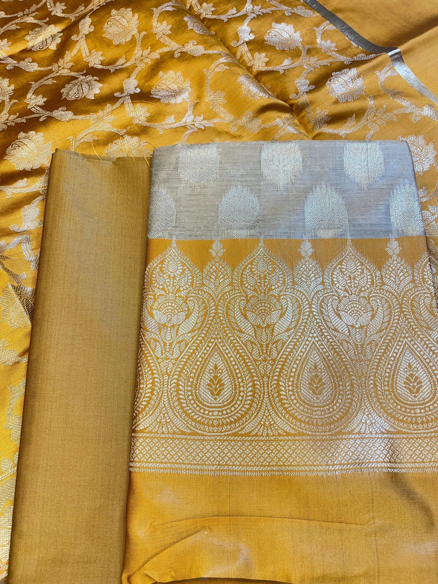 Beige Art Silk Floral Zari Booti Contrast Banarasi Suit with Mustard Dupatta 625AJ_TPT37