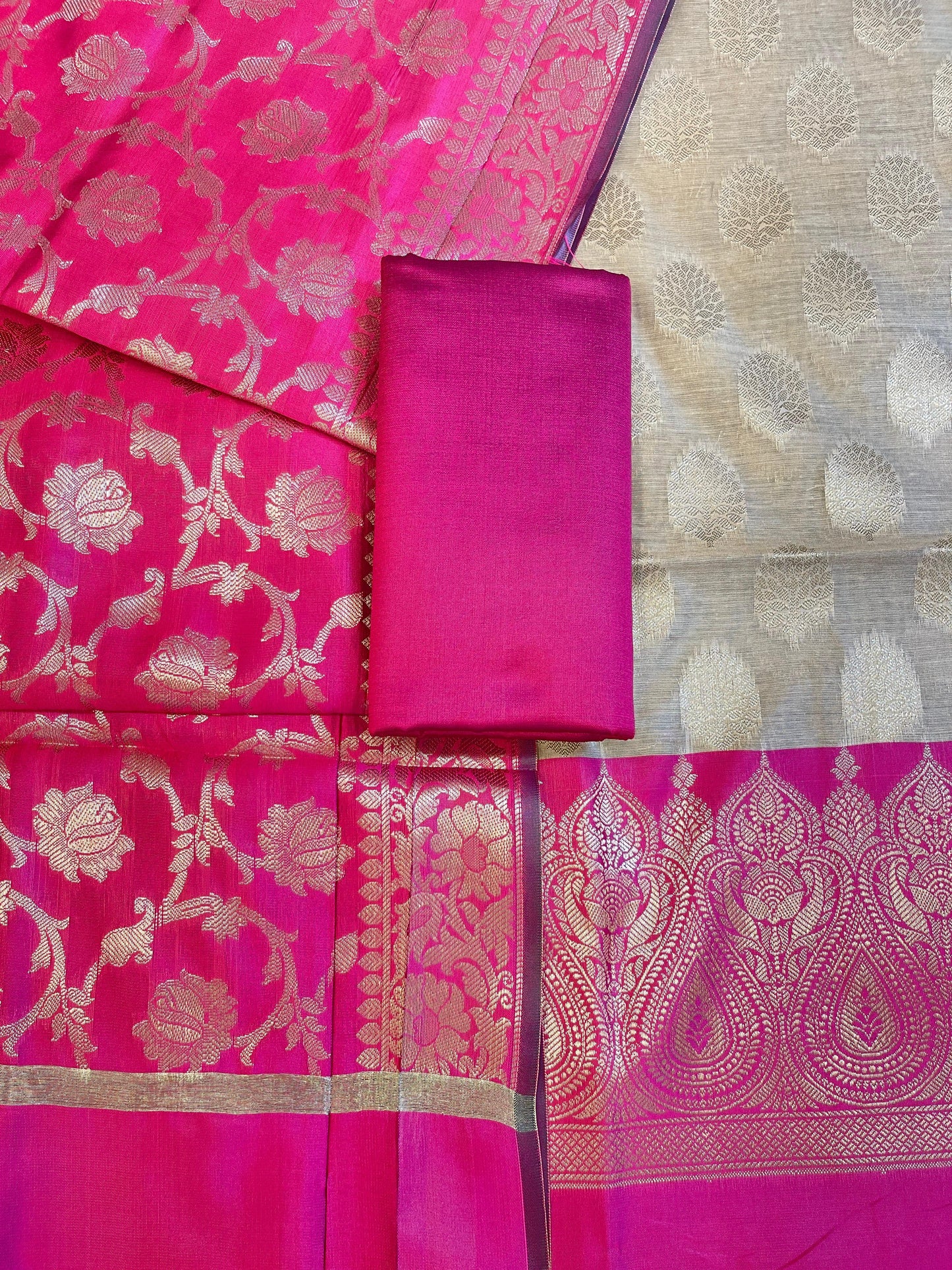 Beige Art Silk Floral Zari Booti Contrast Banarasi Suit with Pink Dupatta 625AJ_TPT38