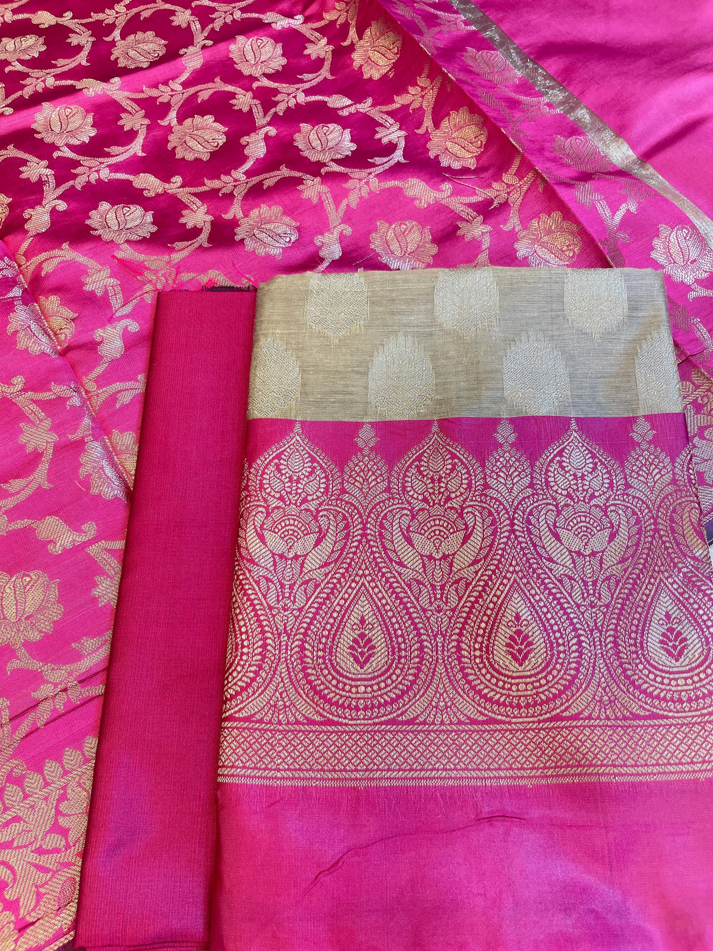 Beige Art Silk Floral Zari Booti Contrast Banarasi Suit with Pink Dupatta 625AJ_TPT38