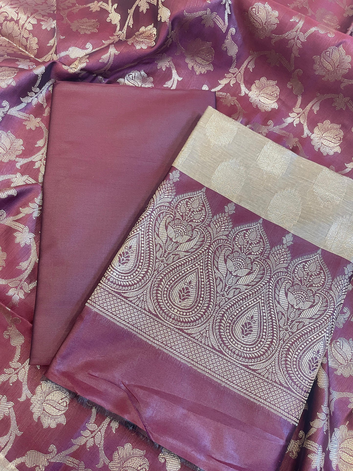 Beige Art Silk Floral Zari Booti Contrast Banarasi Suit with Maroon Dupatta 625AJ_TPT40