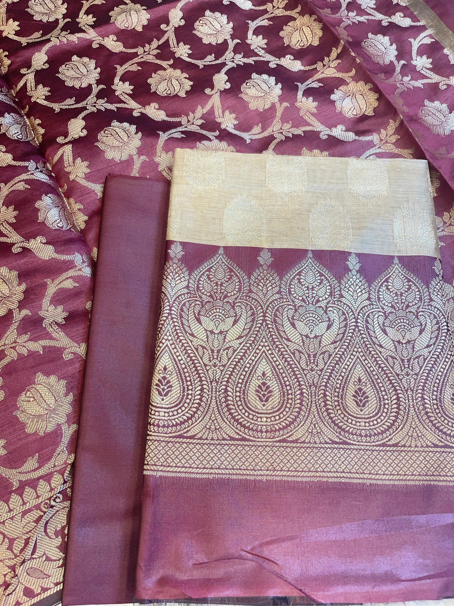 Beige Art Silk Floral Zari Booti Contrast Banarasi Suit with Maroon Dupatta 625AJ_TPT40