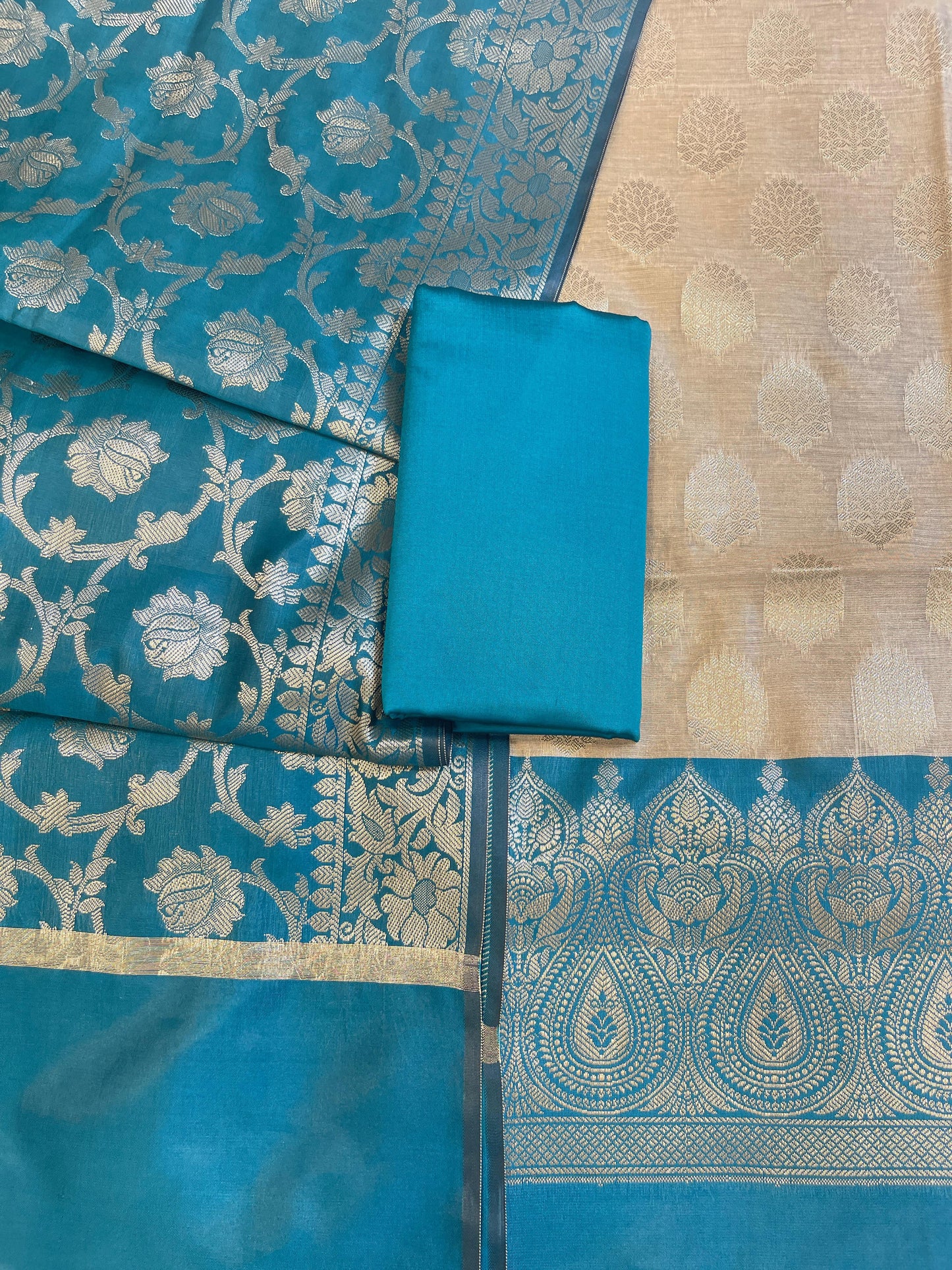 Beige Art Silk Floral Zari Booti Contrast Banarasi Suit with Seagreen Dupatta 625AJ_TPT41