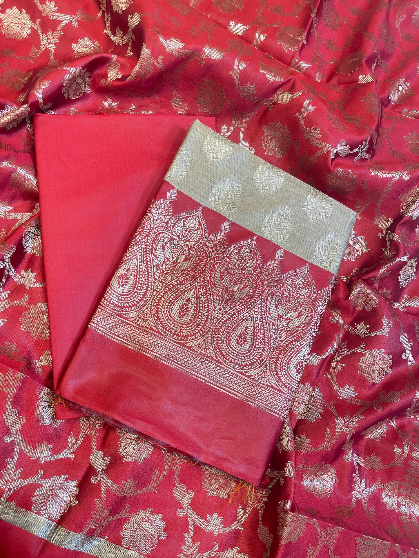 Beige Art Silk Floral Zari Booti Contrast Banarasi Suit with Red Dupatta 625AJ_TPT42