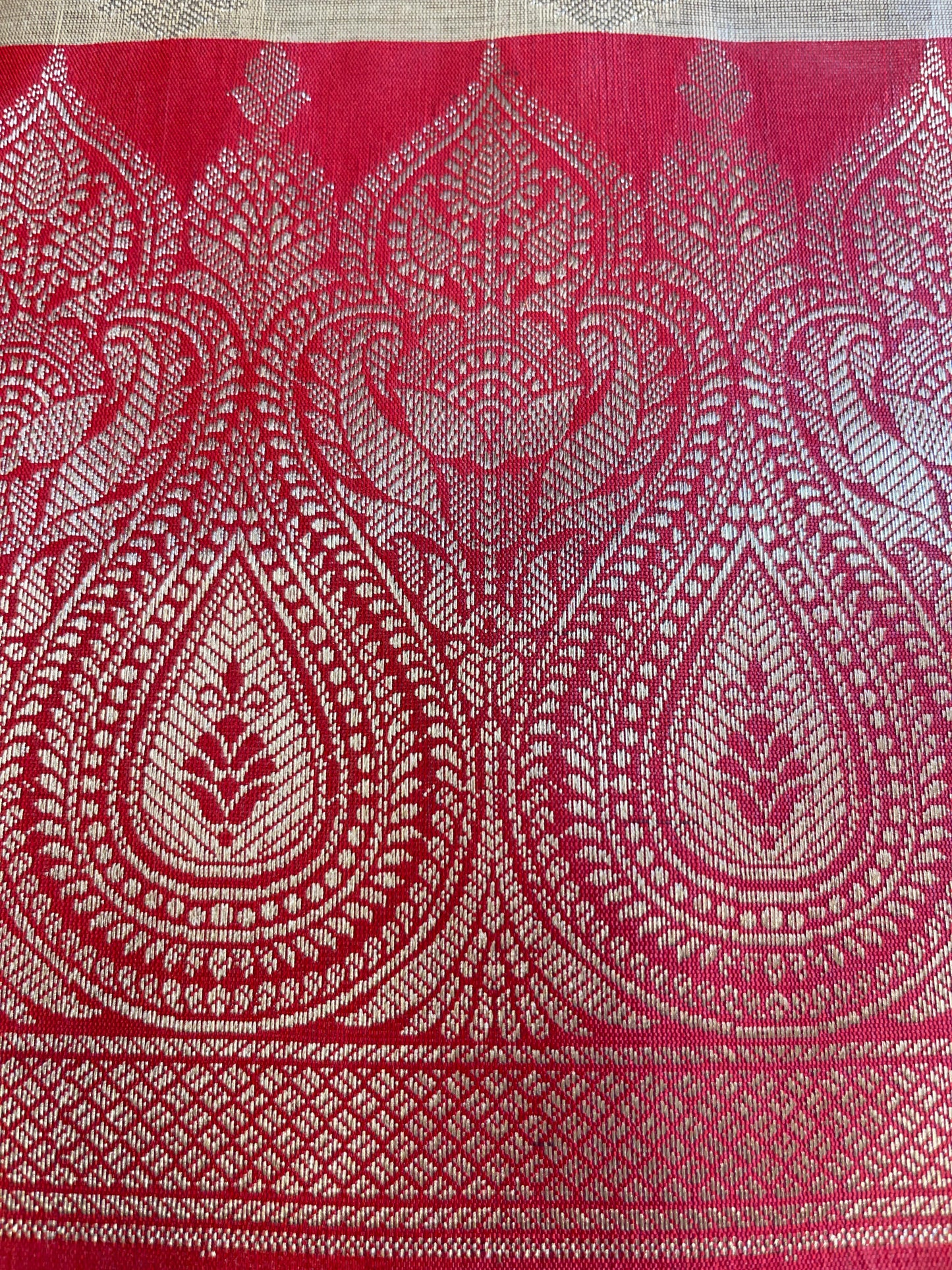 Beige Art Silk Floral Zari Booti Contrast Banarasi Suit with Red Dupatta 625AJ_TPT42