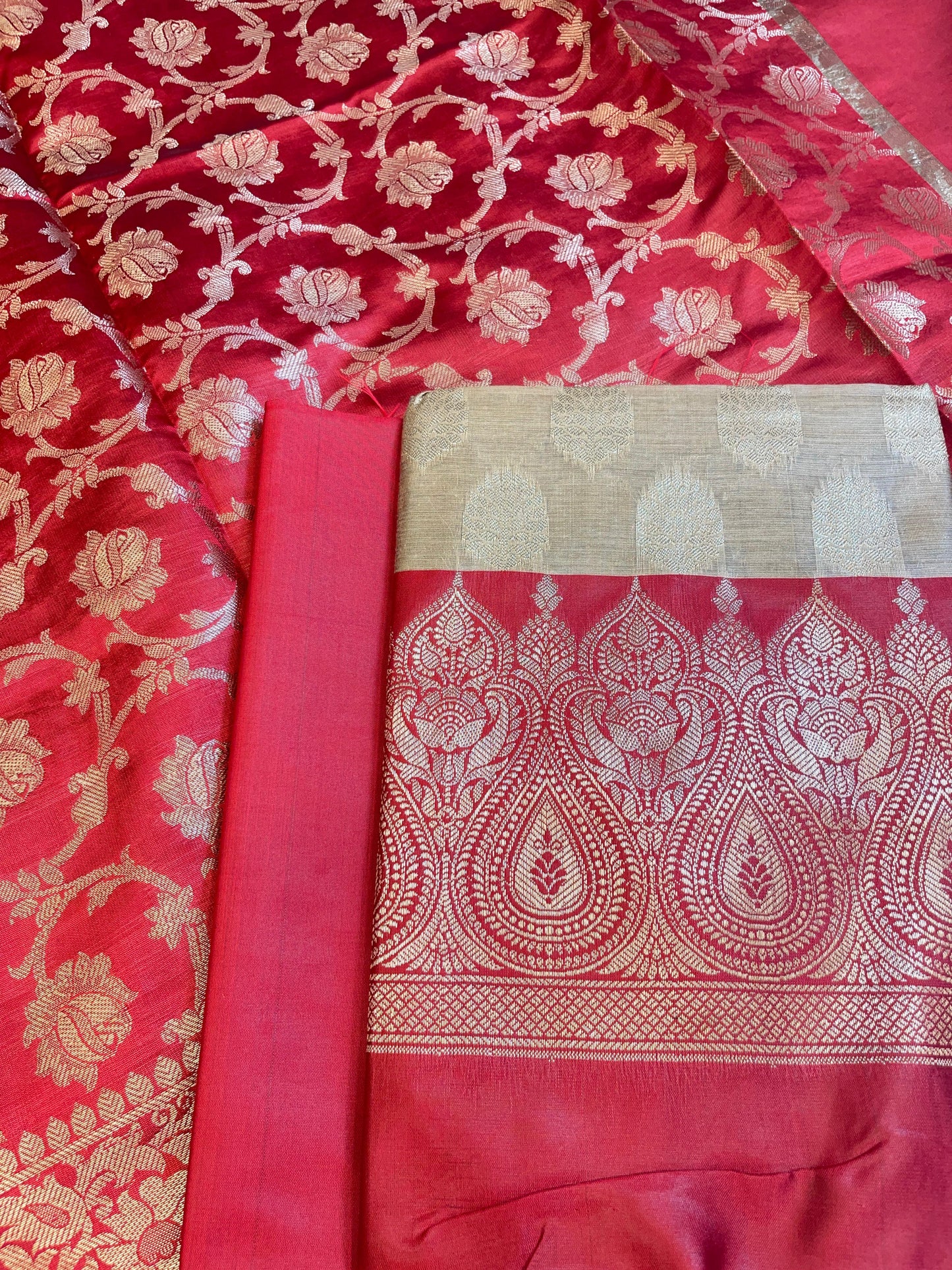 Beige Art Silk Floral Zari Booti Contrast Banarasi Suit with Red Dupatta 625AJ_TPT42