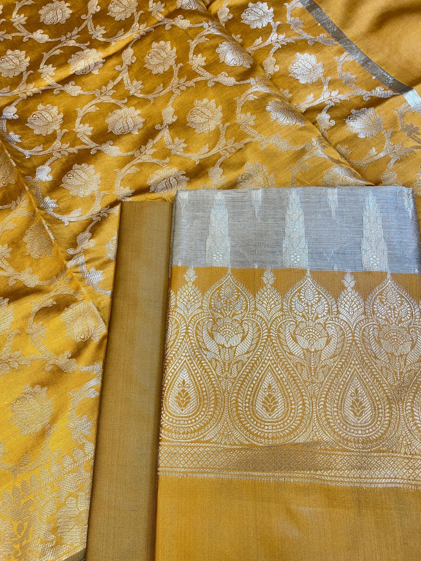 Beige Art Silk Floral Zari Booti Contrast Banarasi Suit with Mustard Dupatta 625AJ_TPT43