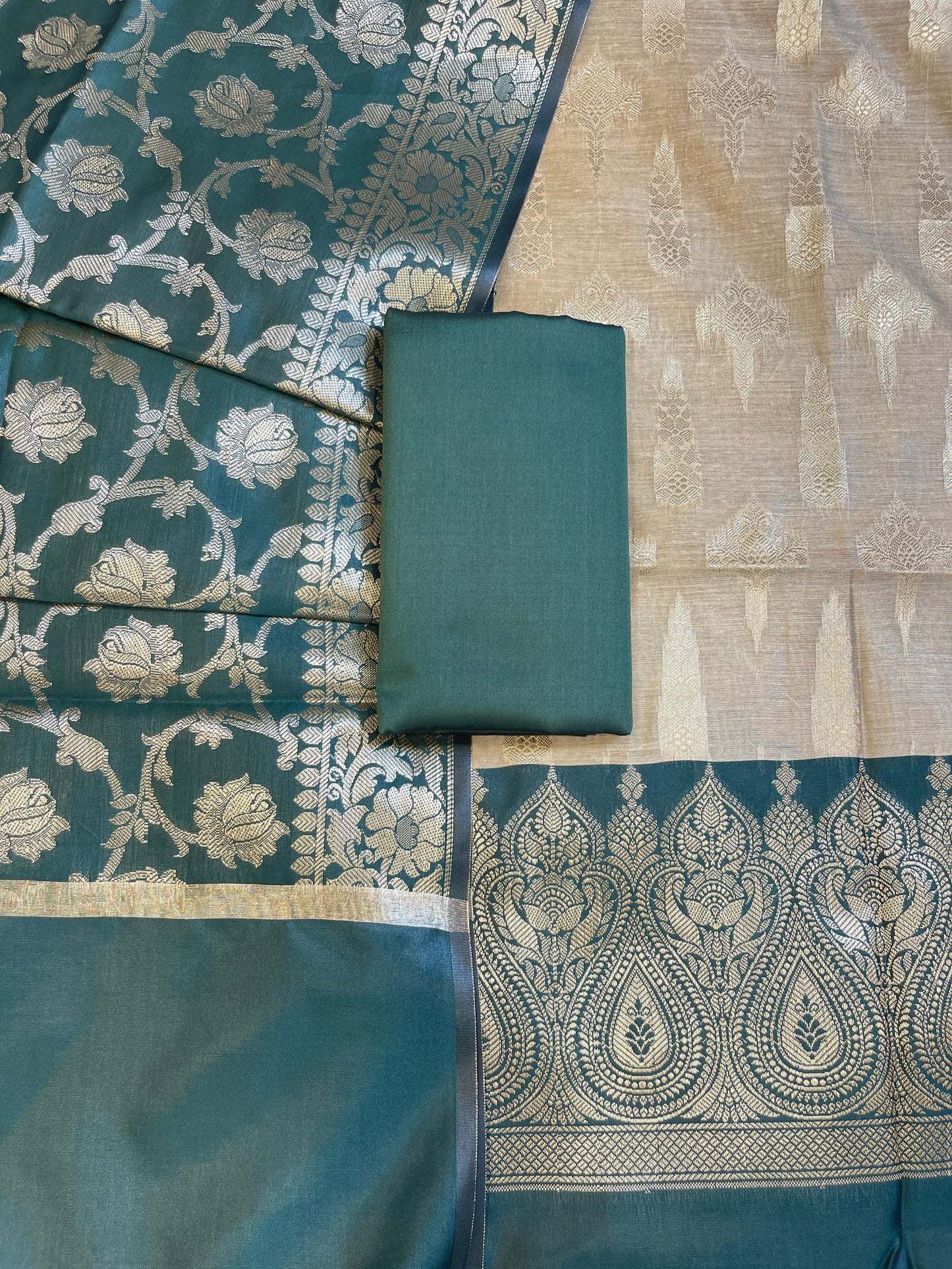 Beige Art Silk Floral Zari Booti Contrast Banarasi Suit with Darkgreen Dupatta 625AJ_TPT45